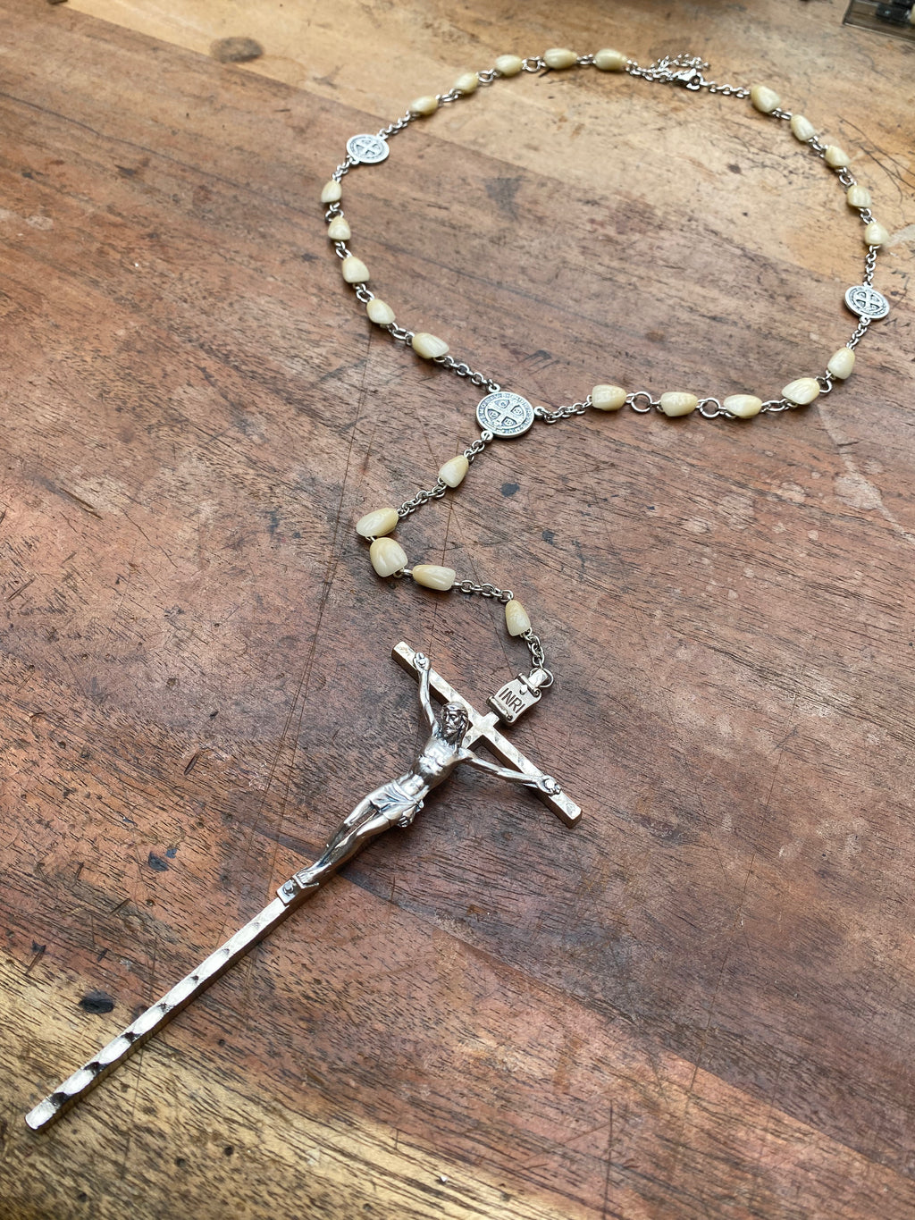 Antique Porcelain Teeth and Crucifix Rosary Necklace