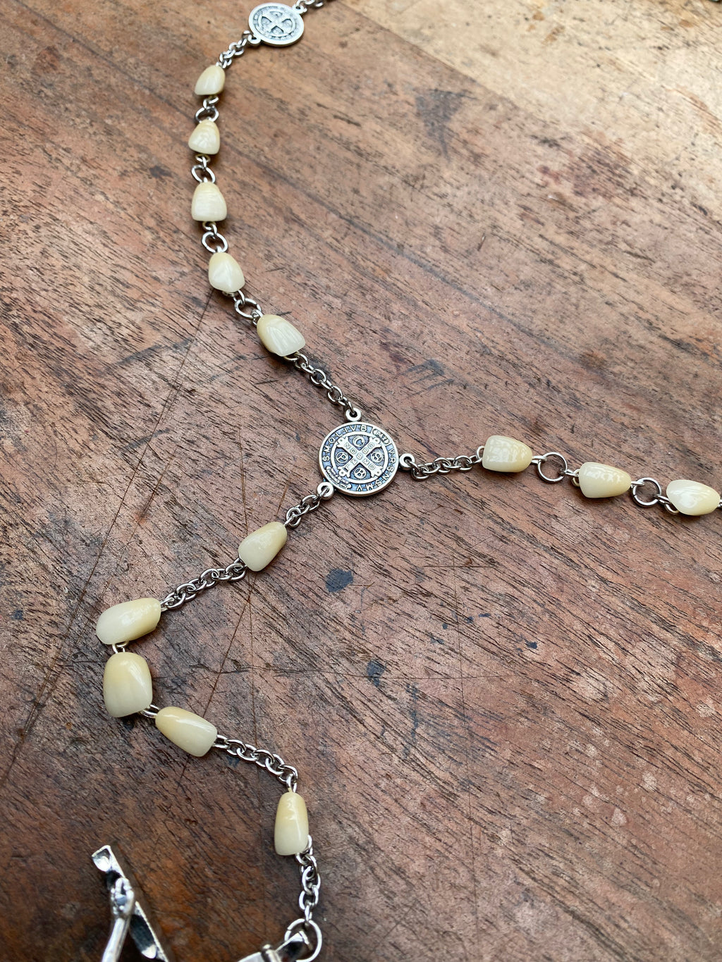 Antique Porcelain Teeth and Crucifix Rosary Necklace