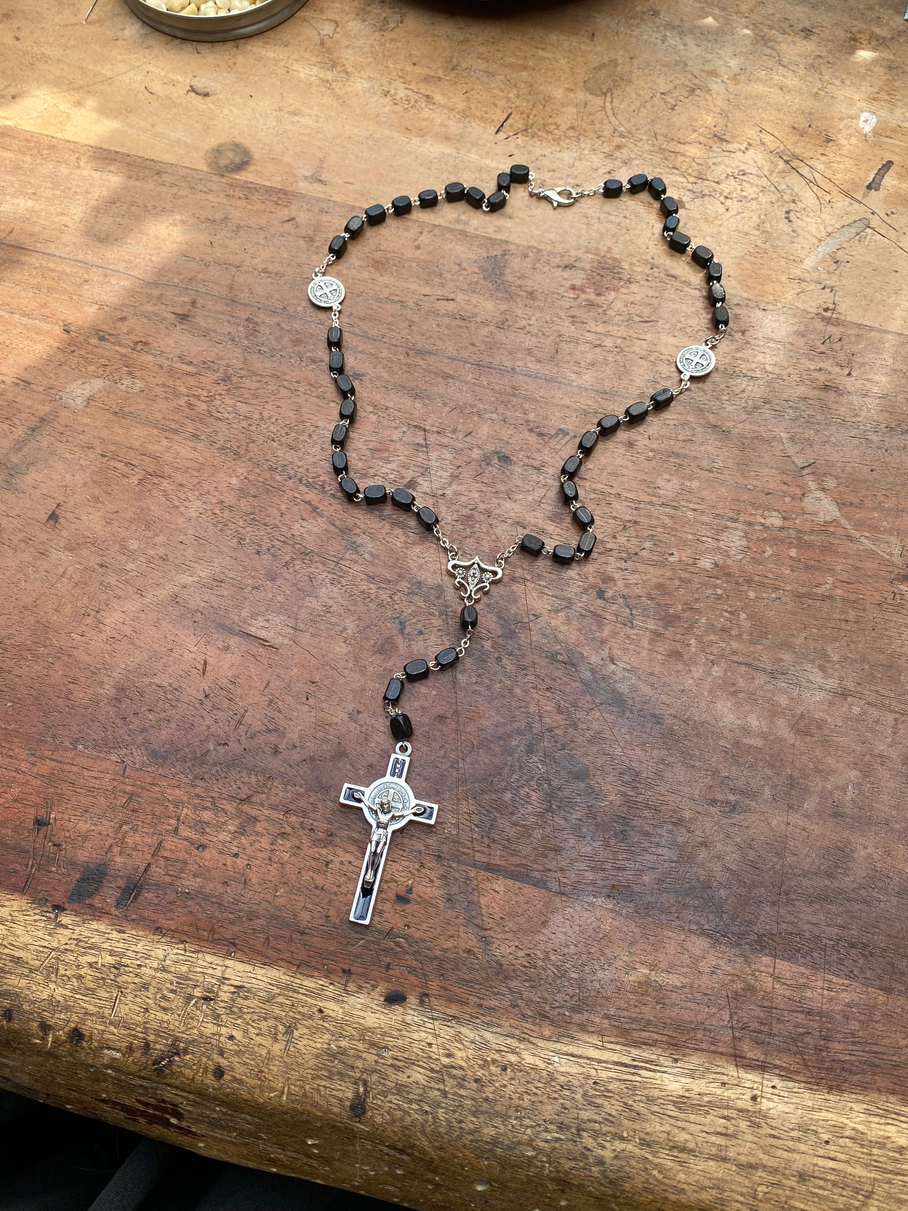 Black Wood Bead Rosary Necklace