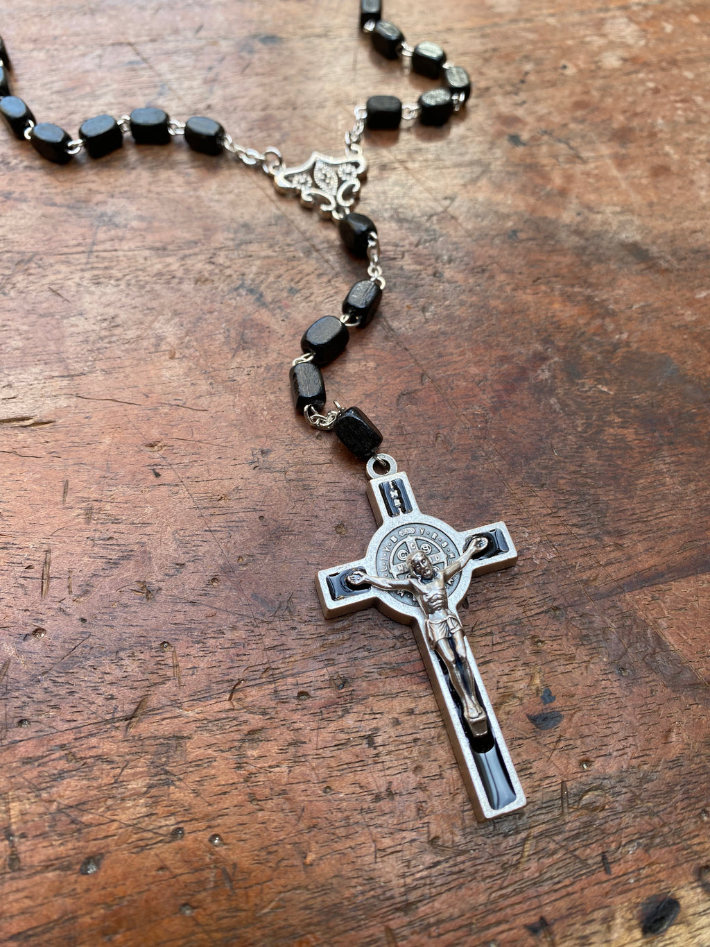 Black Wood Bead Rosary Necklace