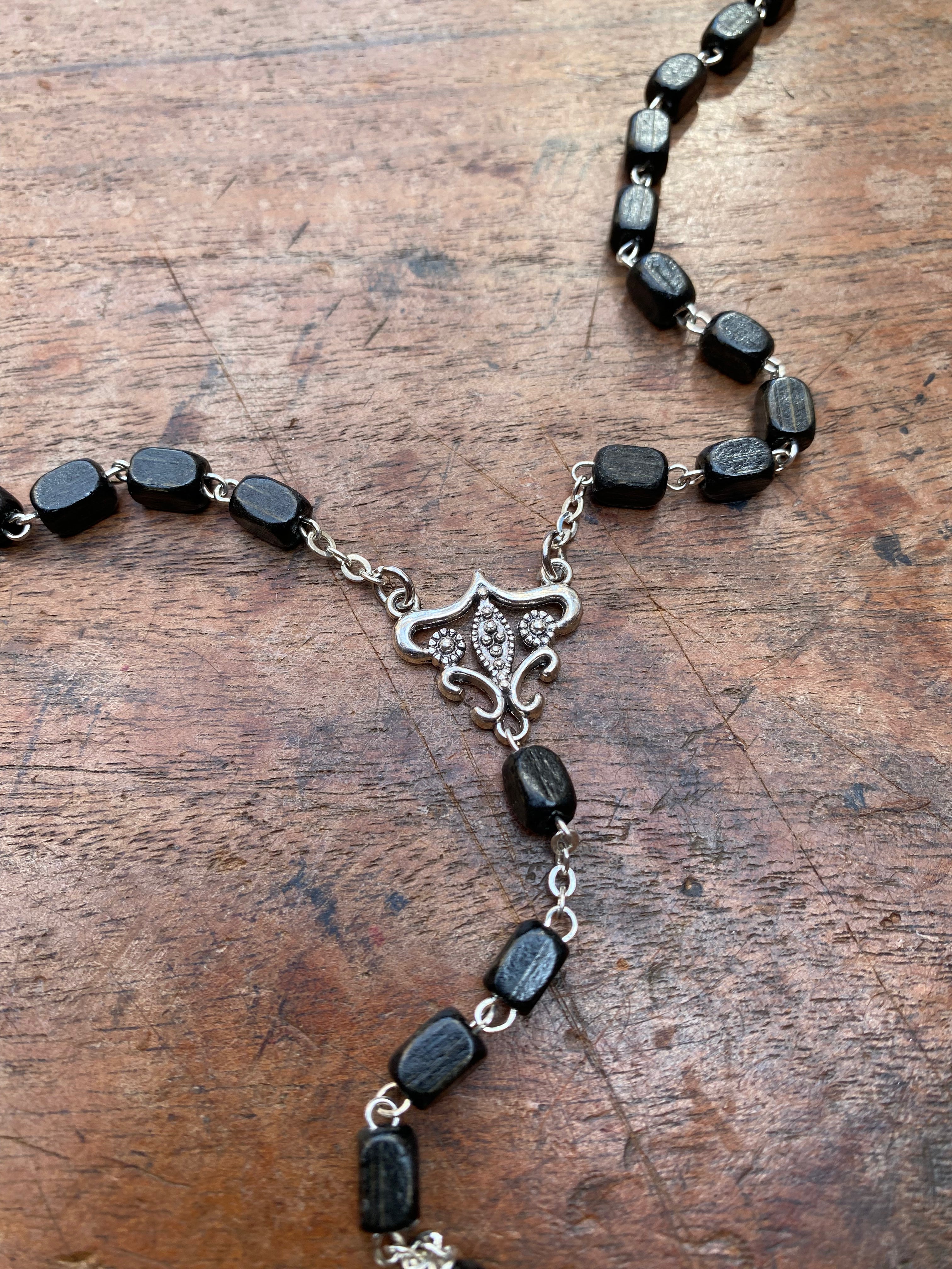 Black Wood Bead Rosary Necklace