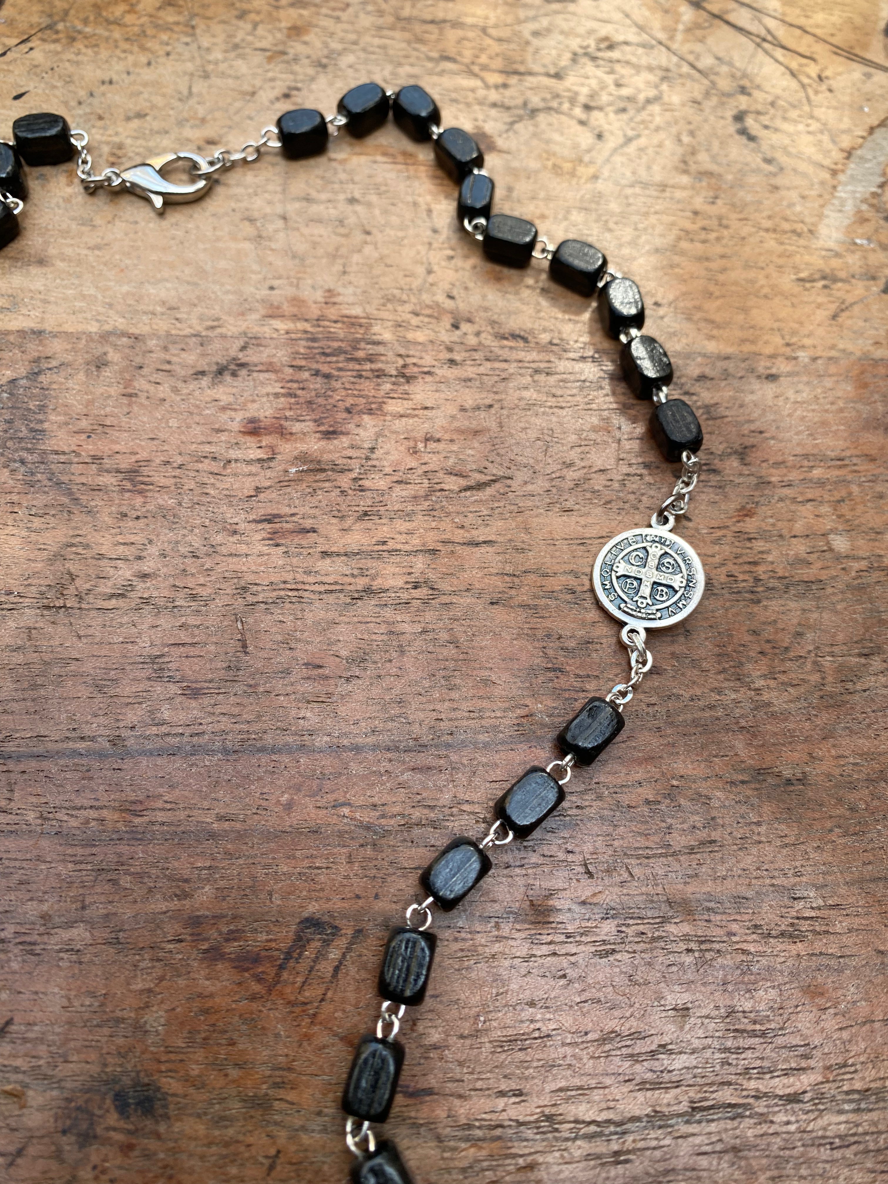 Black Wood Bead Rosary Necklace
