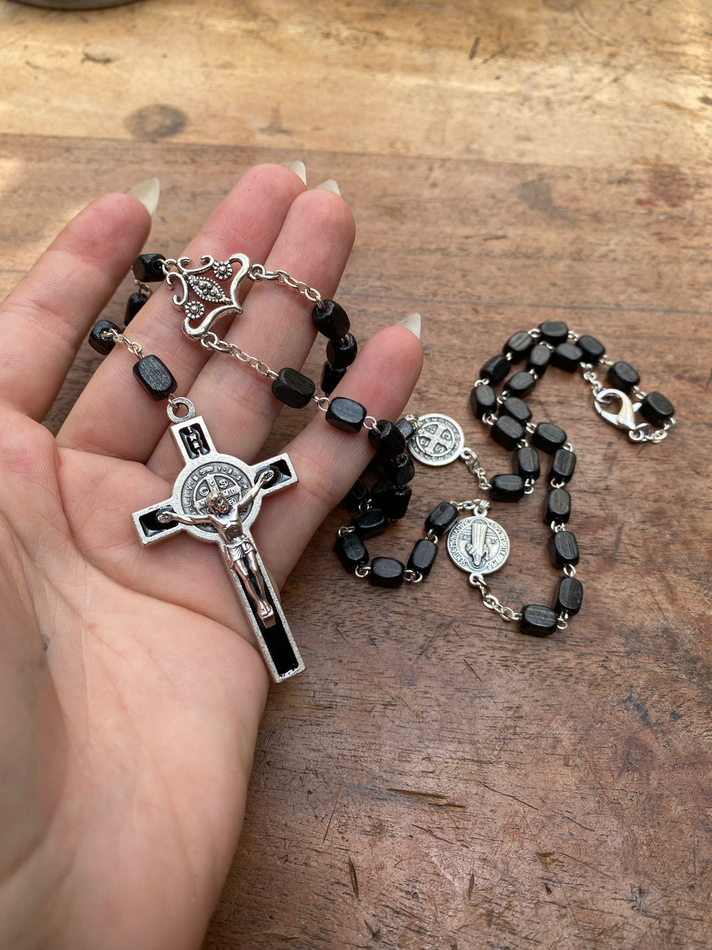 Black Wood Bead Rosary Necklace