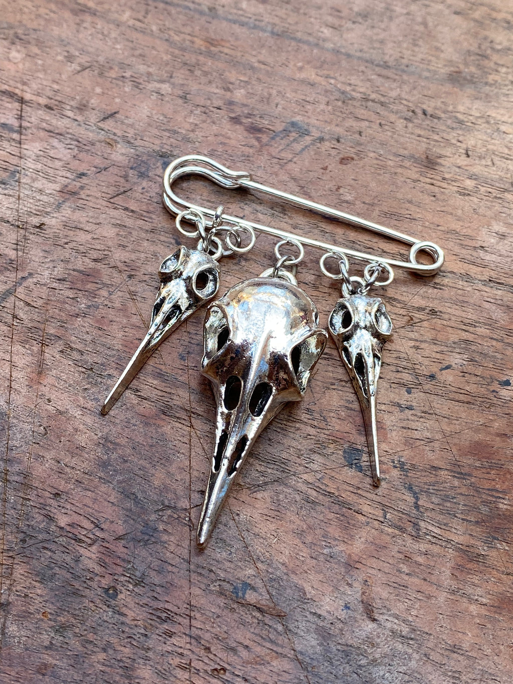Crow Skulls Safety Pin Brooch