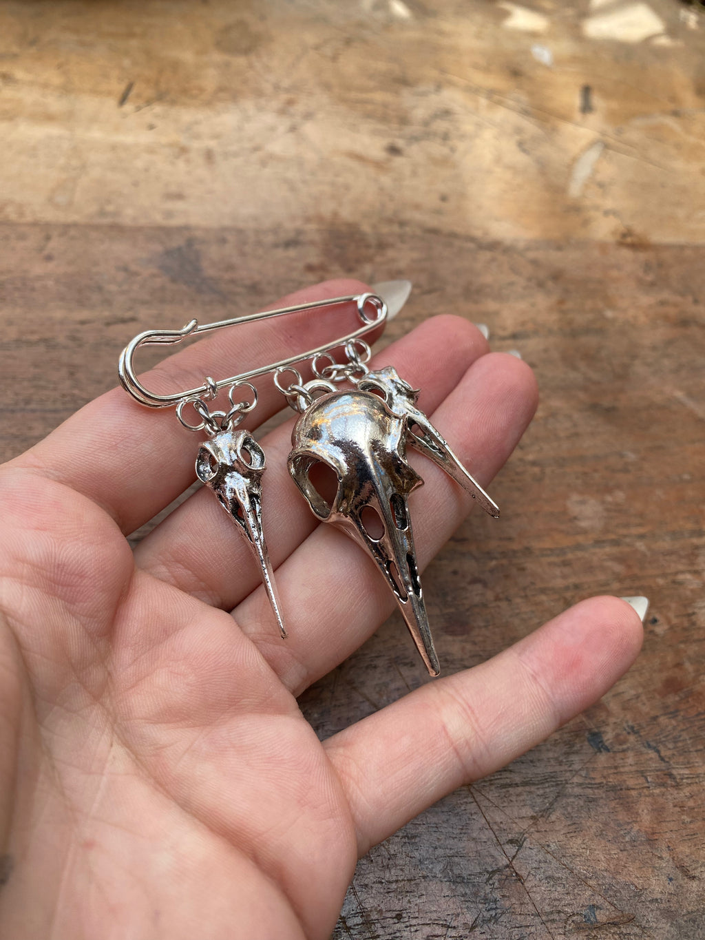 Crow Skulls Safety Pin Brooch