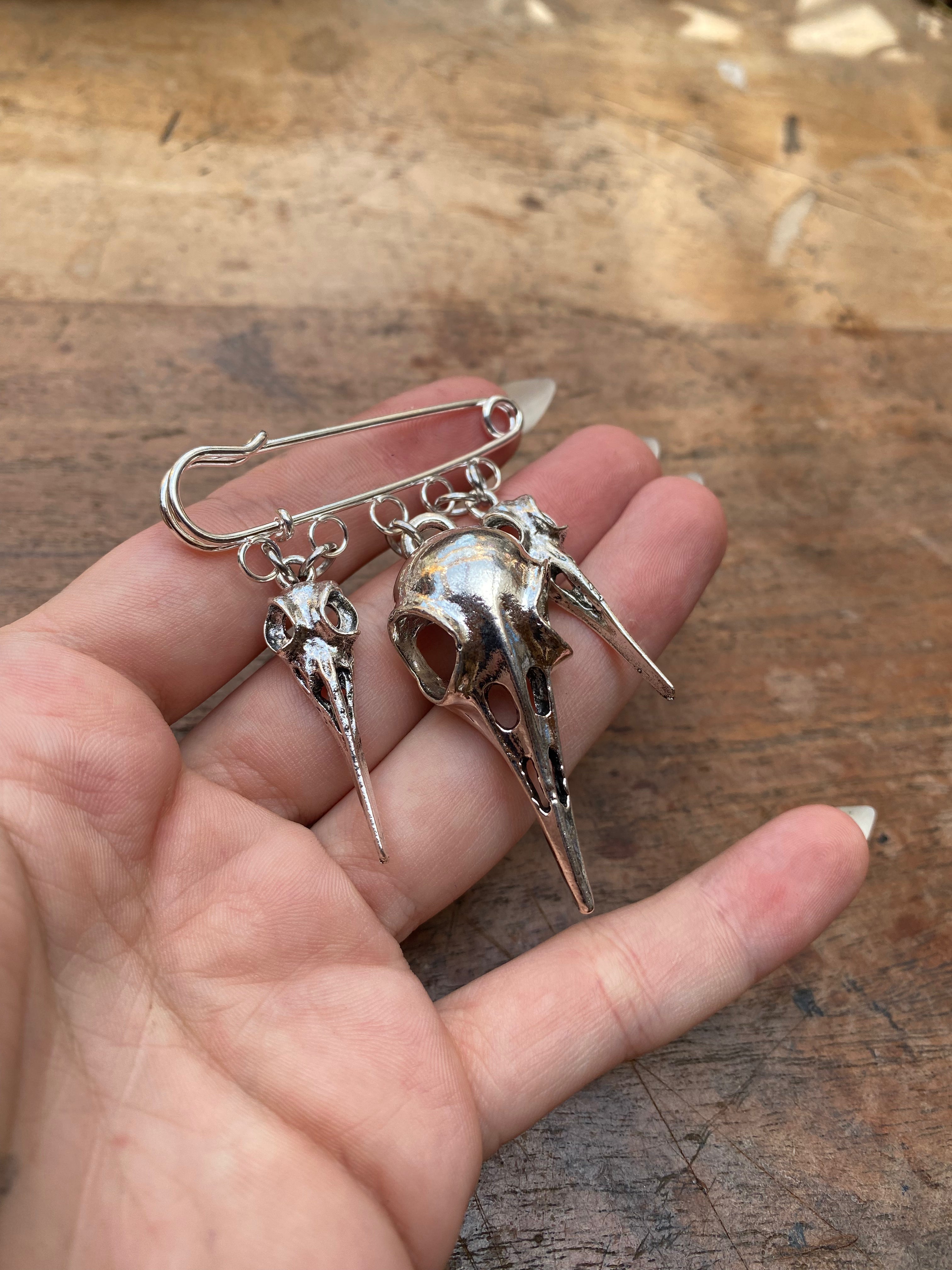 Crow Skulls Safety Pin Brooch