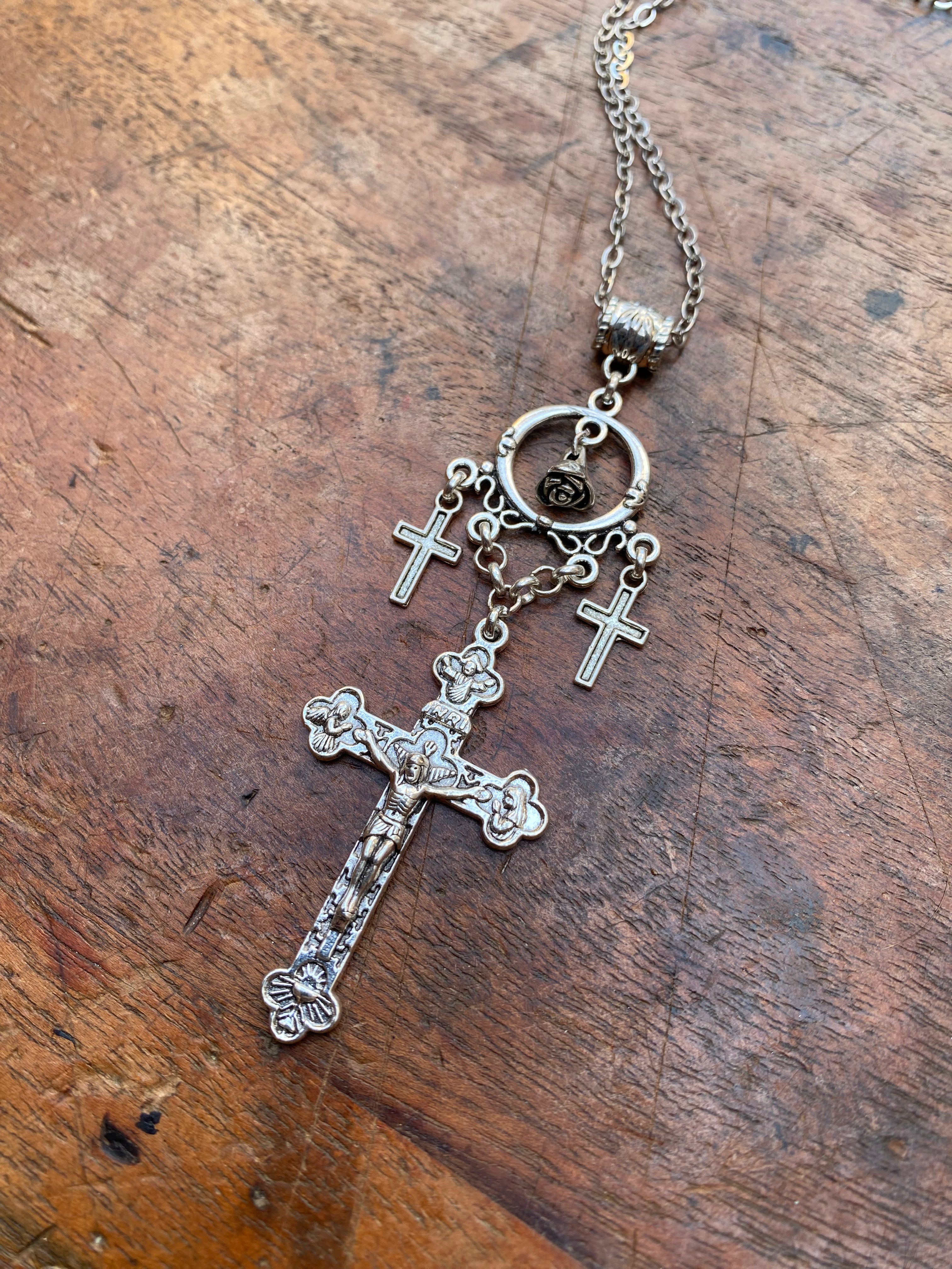 Crosses and Rose Charm Pendant Necklace