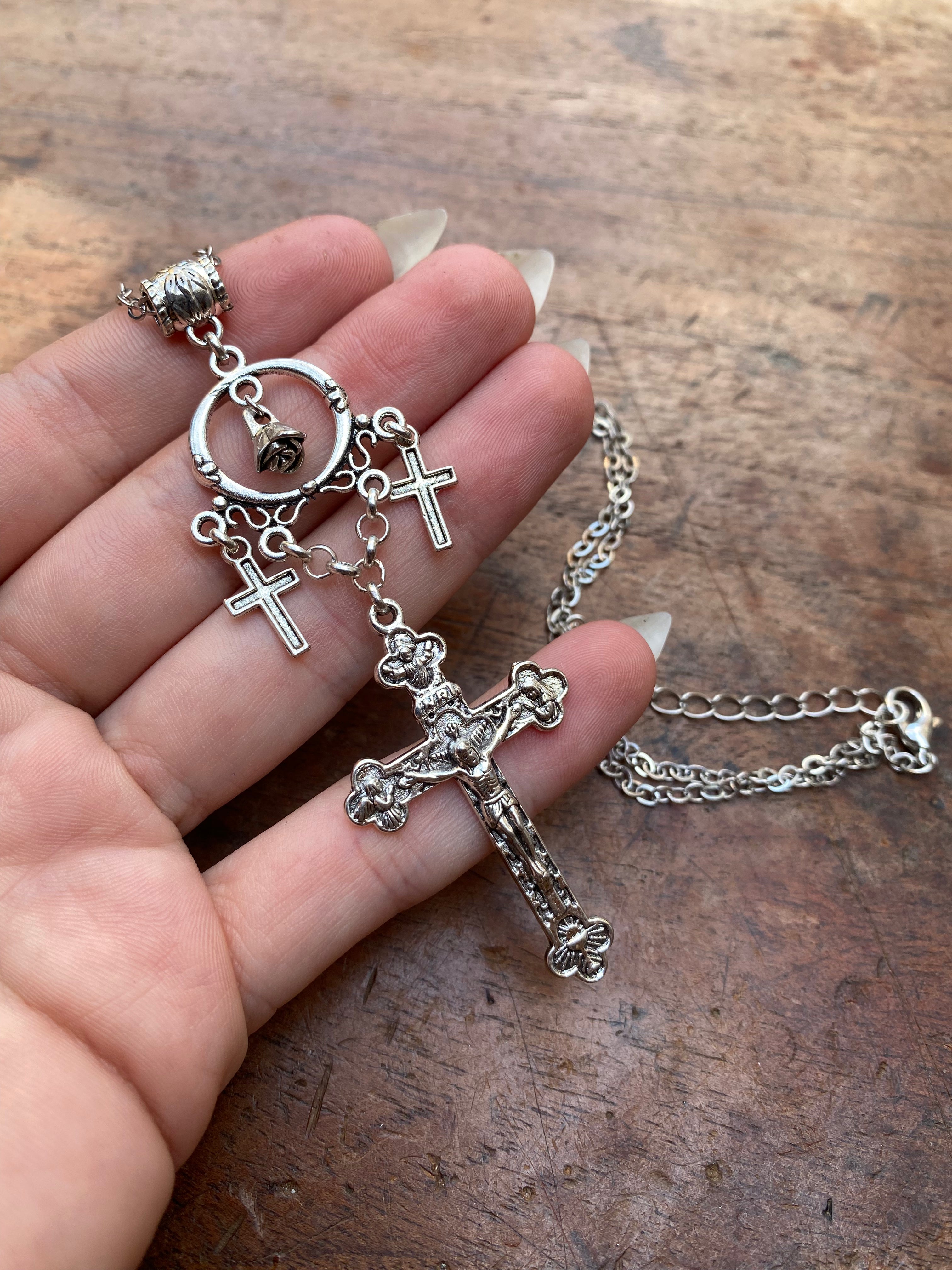 Crosses and Rose Charm Pendant Necklace