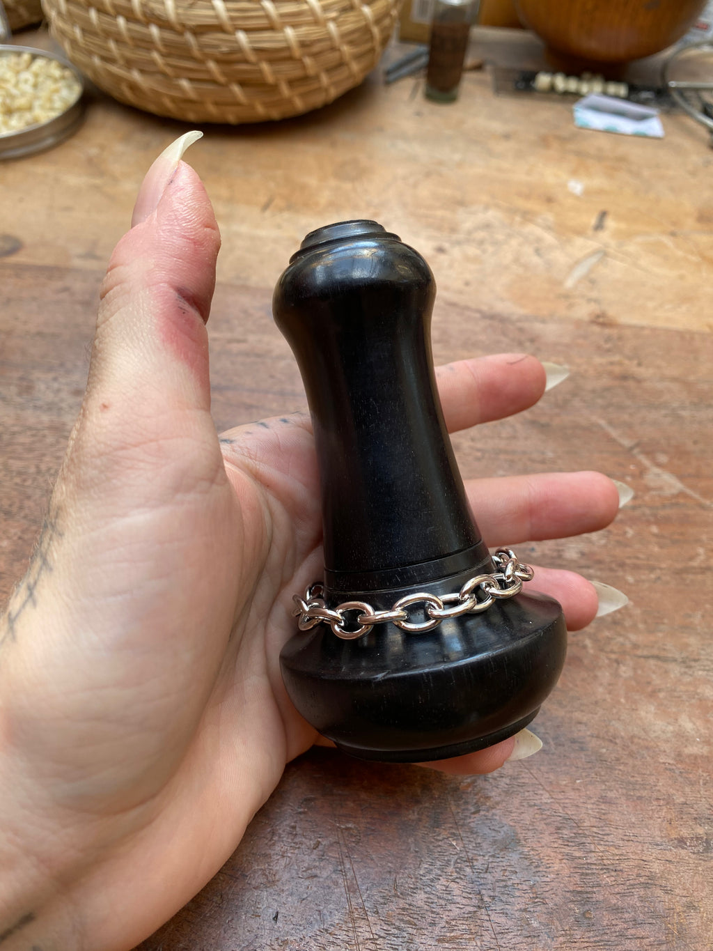 Ebony Wood Container with Two Hidden Glass Vials