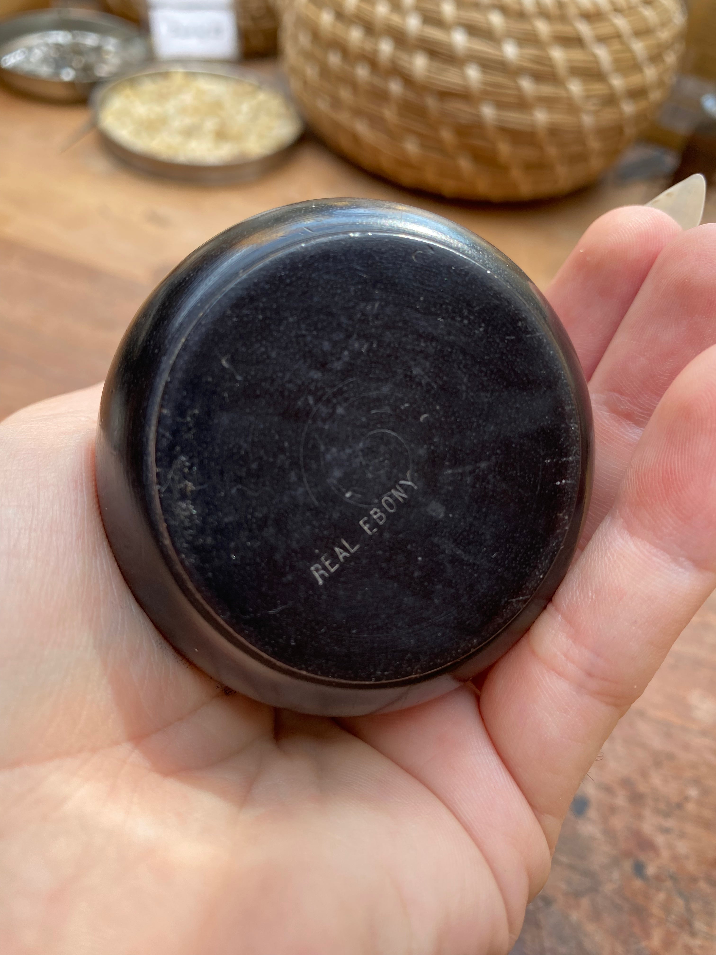 Ebony Wood Container with Two Hidden Glass Vials