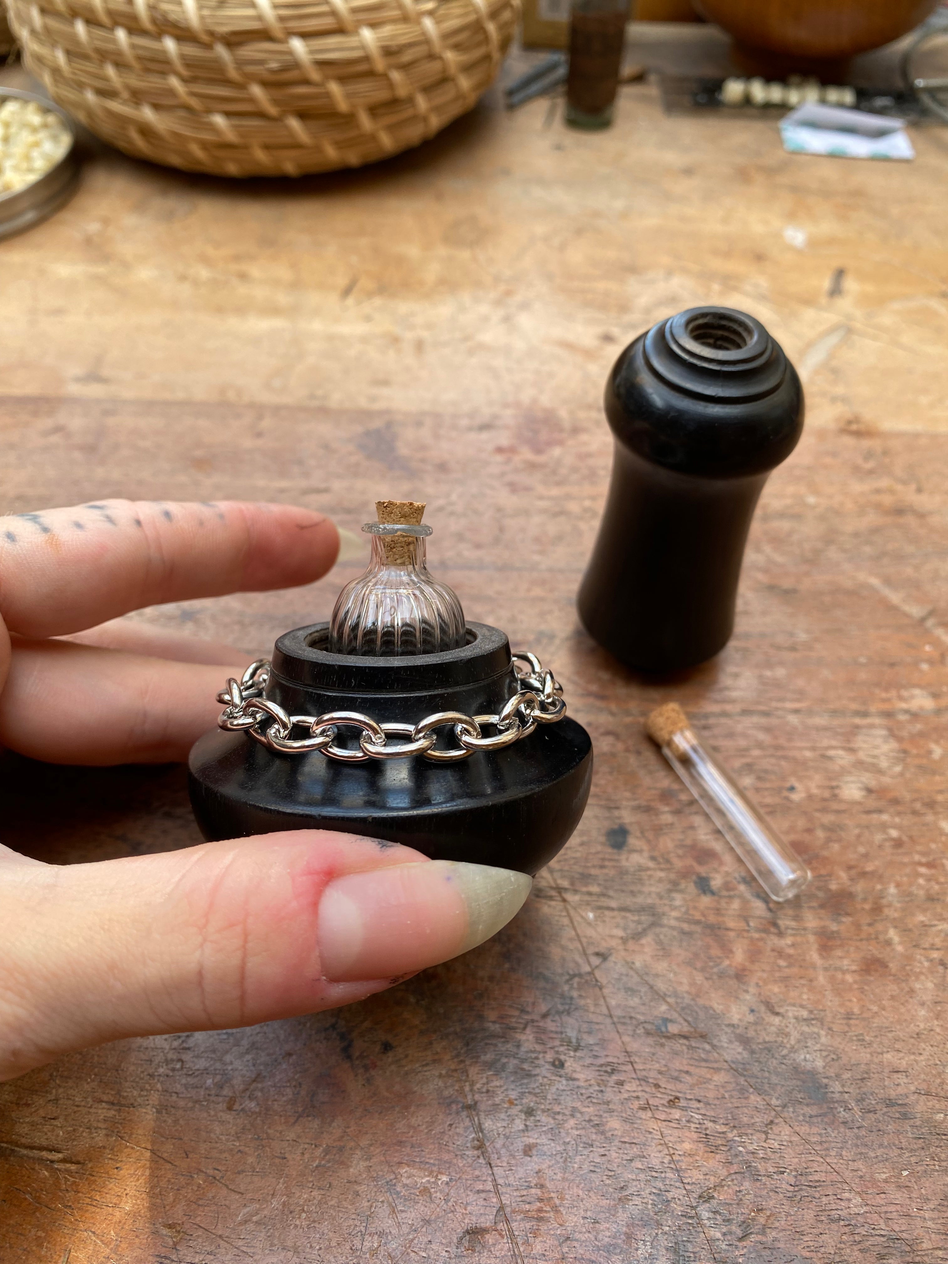 Ebony Wood Container with Two Hidden Glass Vials