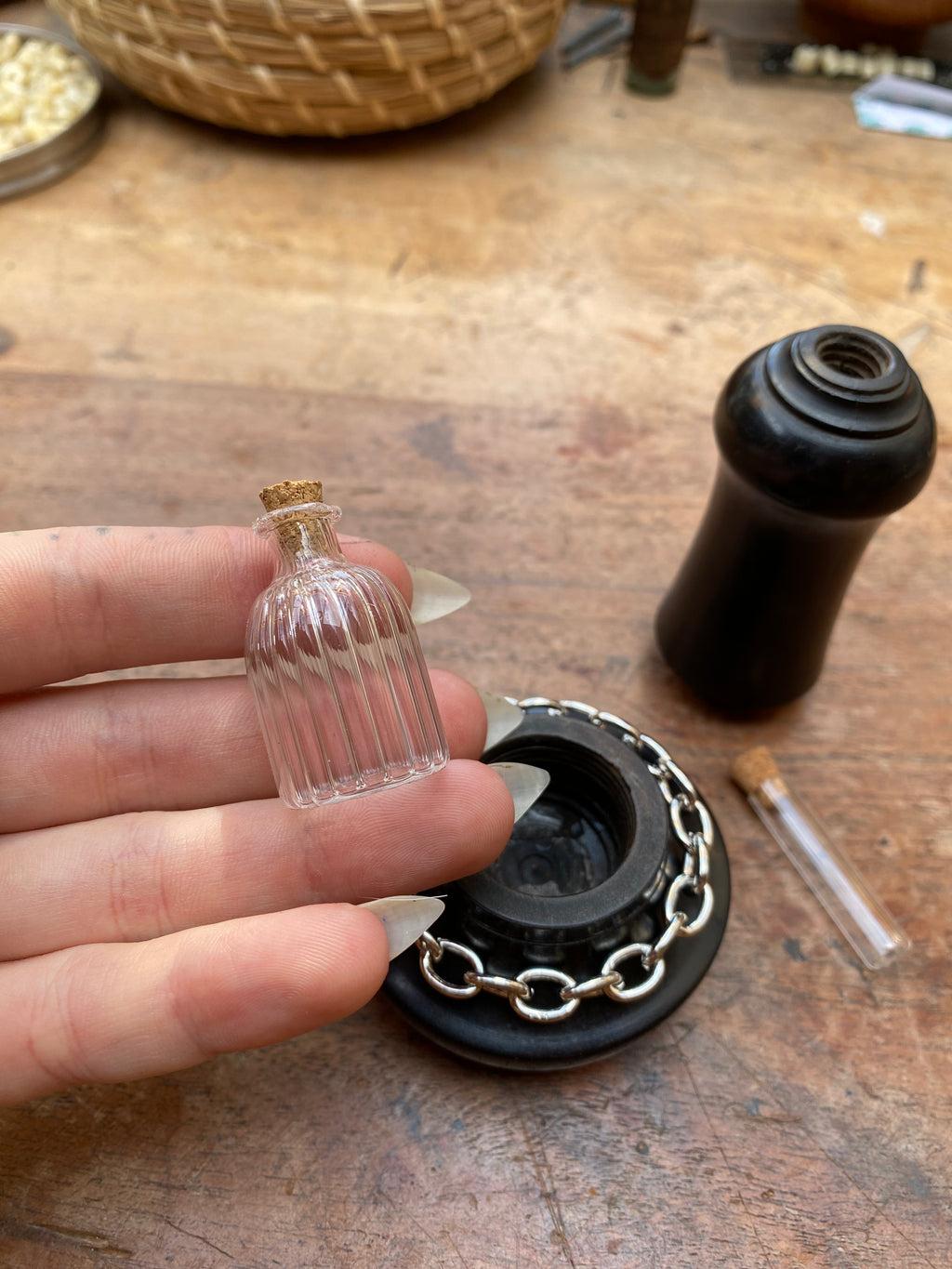 Ebony Wood Container with Two Hidden Glass Vials