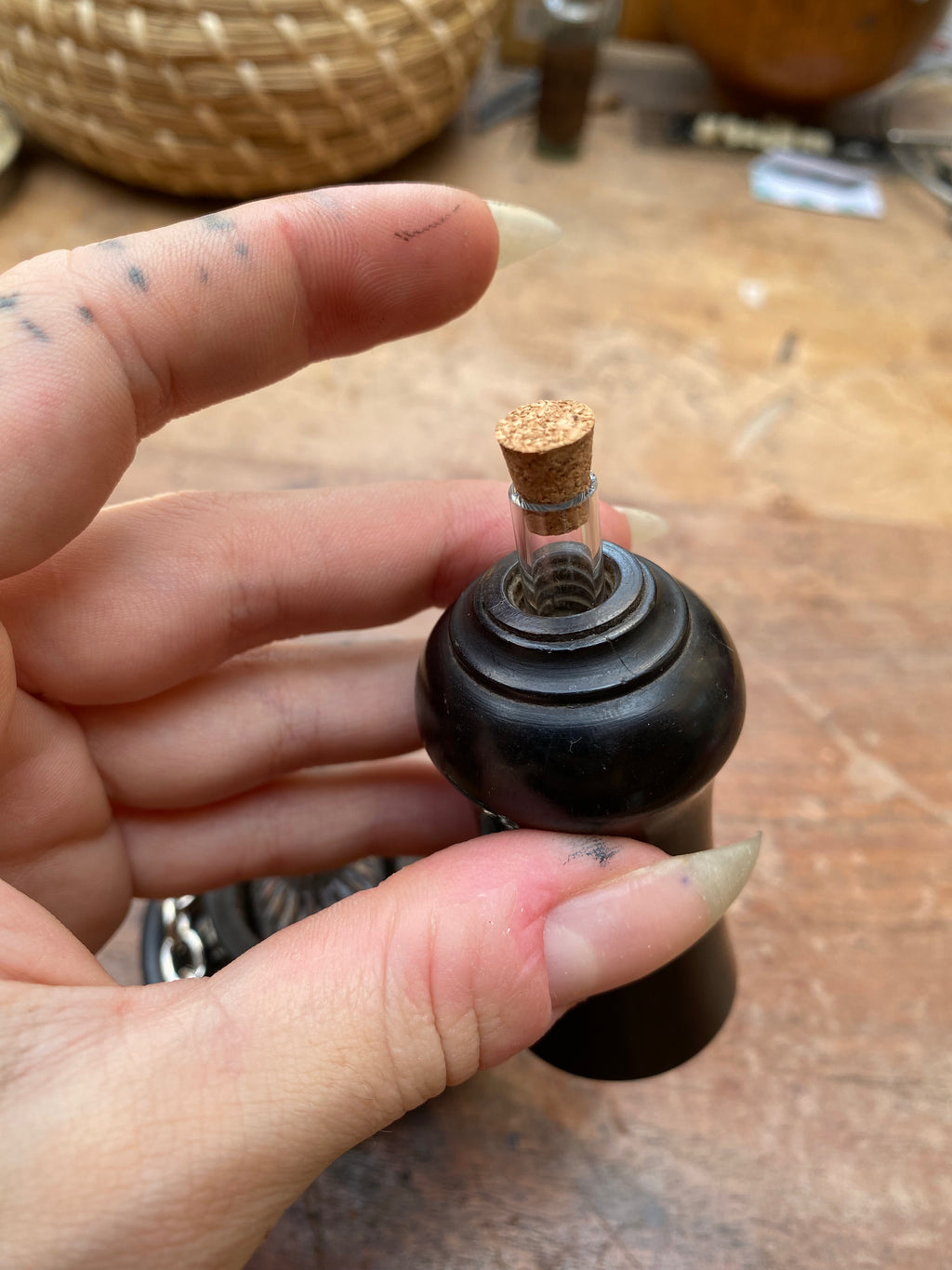 Ebony Wood Container with Two Hidden Glass Vials