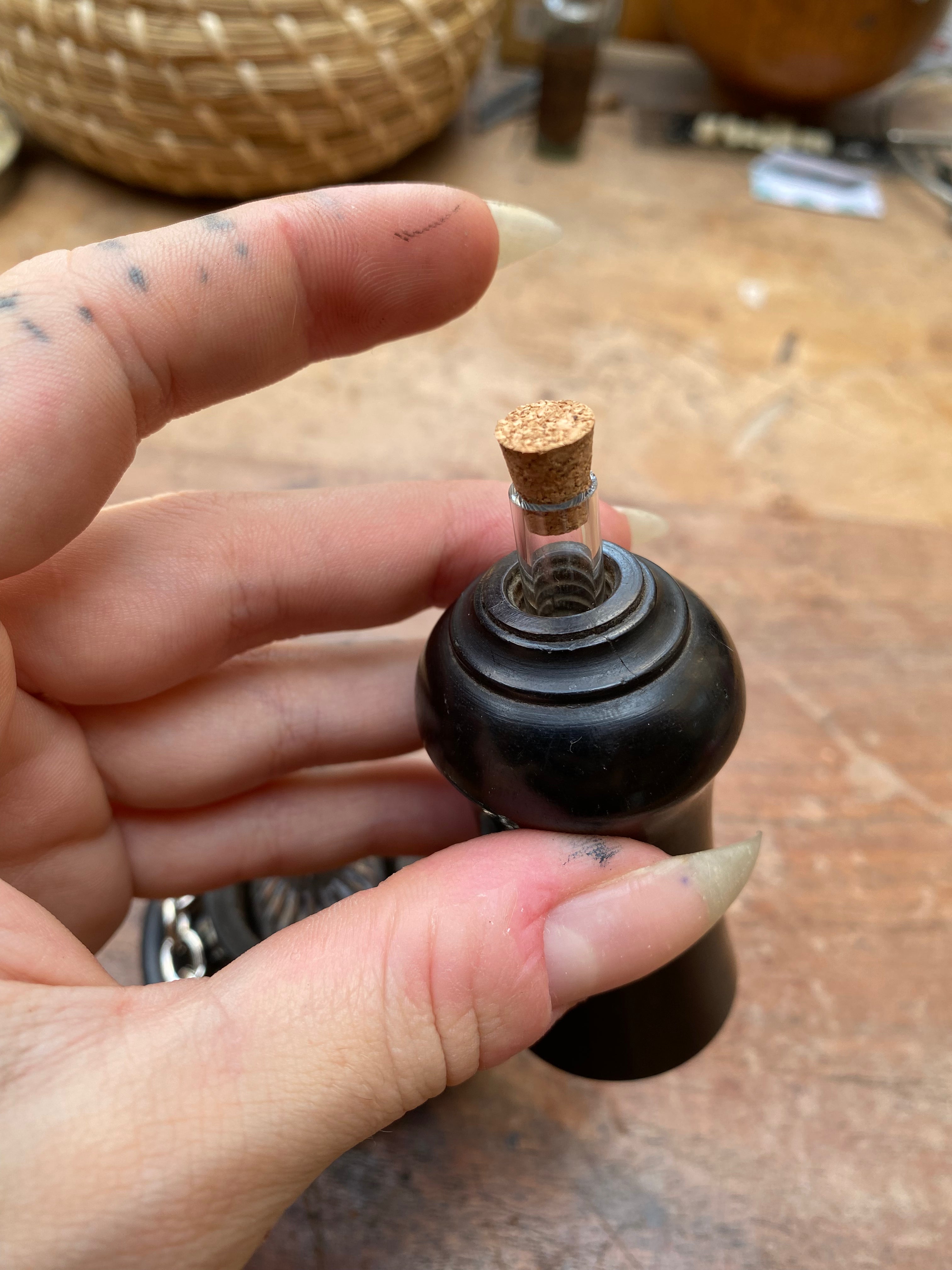 Ebony Wood Container with Two Hidden Glass Vials