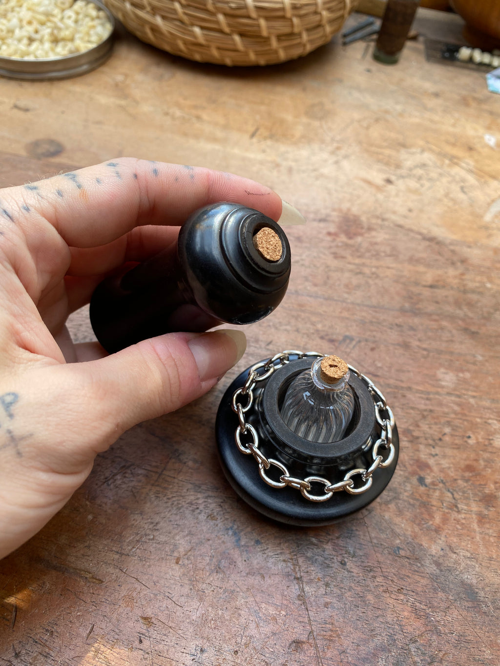 Ebony Wood Container with Two Hidden Glass Vials