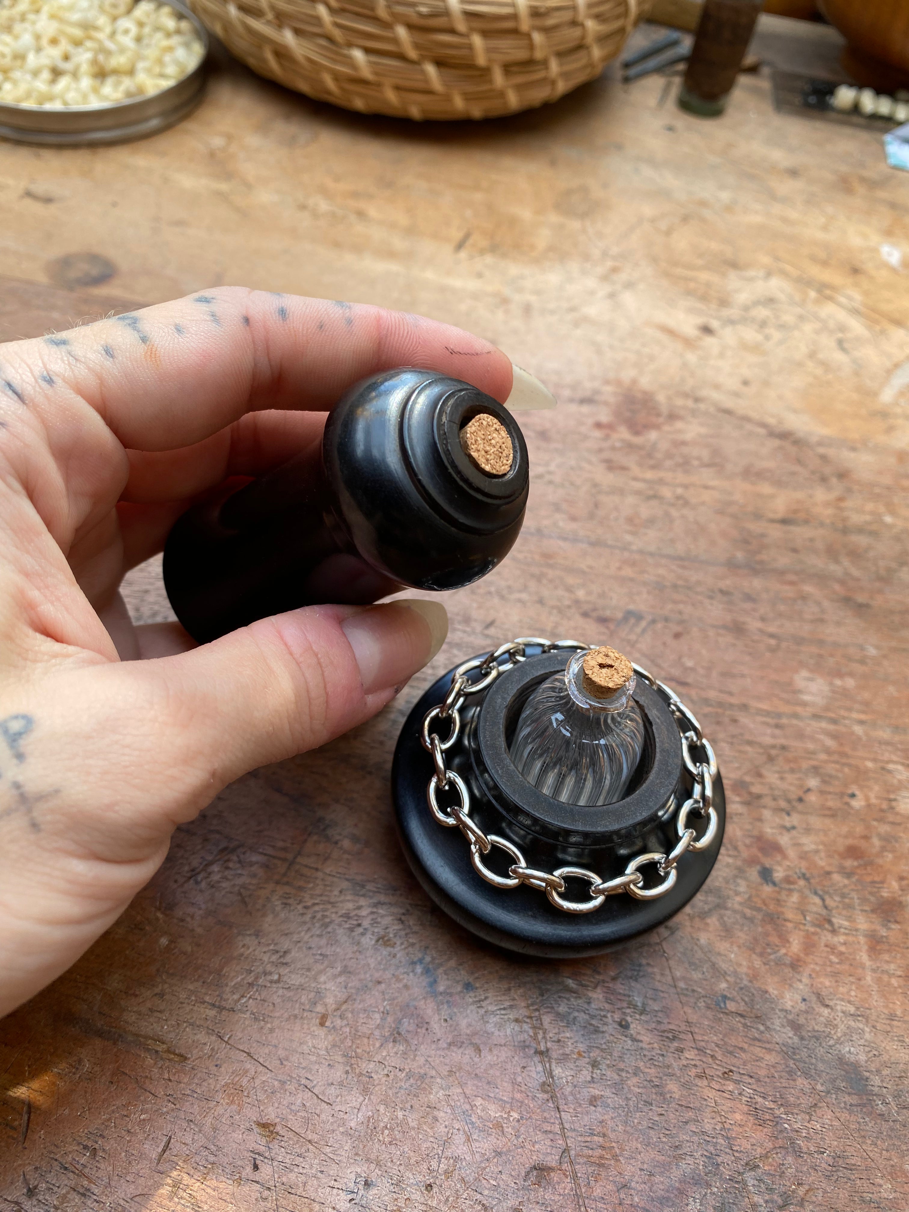 Ebony Wood Container with Two Hidden Glass Vials