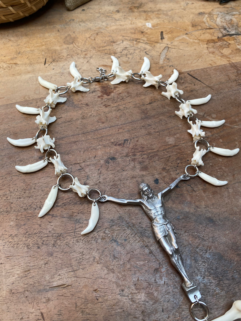 Human Tooth Crucified Jesus Necklace with Mink Vertibrae and Coyote Teeth