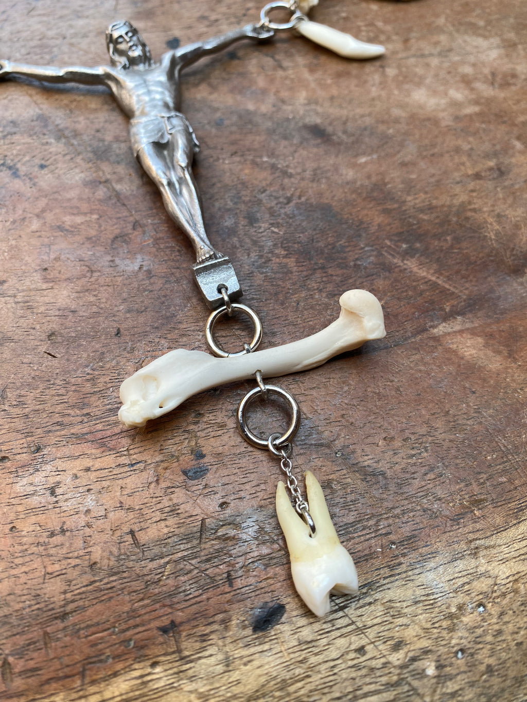Human Tooth Crucified Jesus Necklace with Mink Vertibrae and Coyote Teeth