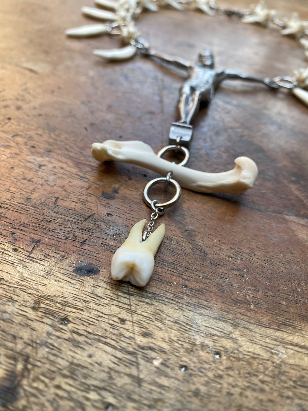 Human Tooth Crucified Jesus Necklace with Mink Vertibrae and Coyote Teeth