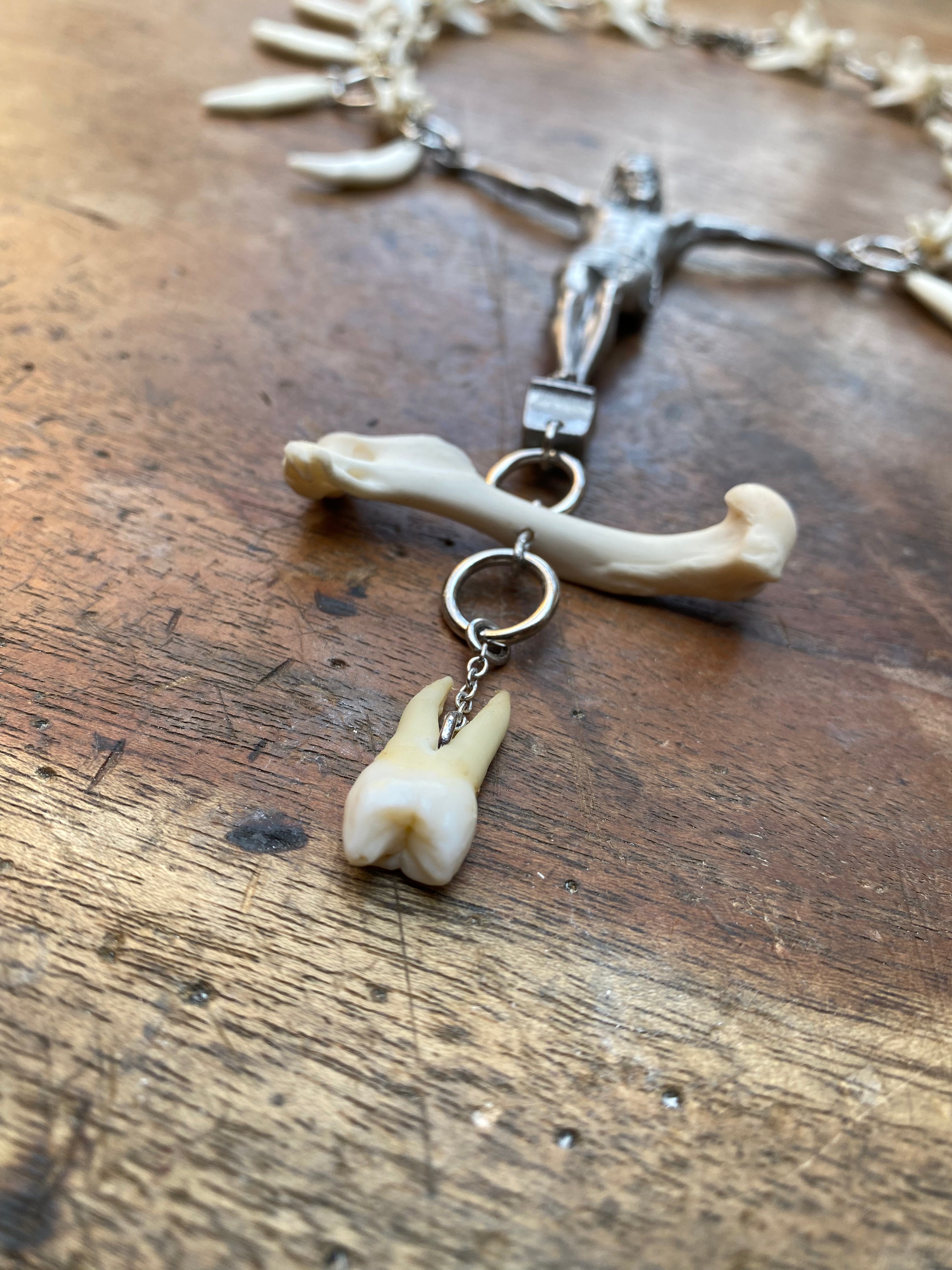 Human Tooth Crucified Jesus Necklace with Mink Vertibrae and Coyote Teeth
