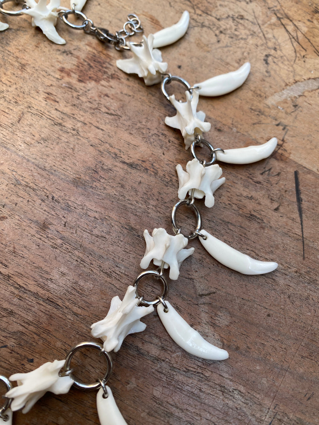 Human Tooth Crucified Jesus Necklace with Mink Vertibrae and Coyote Teeth