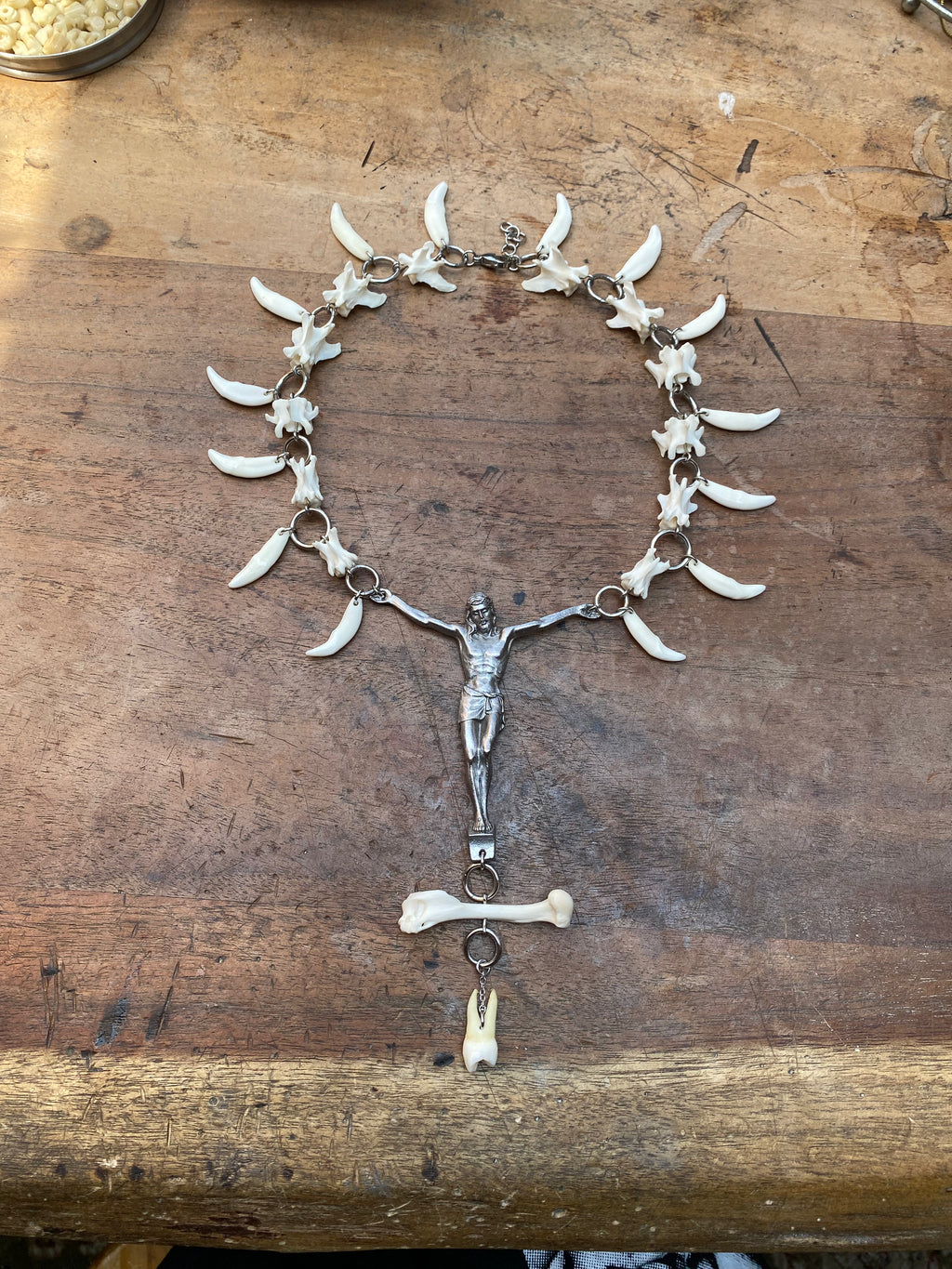 Human Tooth Crucified Jesus Necklace with Mink Vertibrae and Coyote Teeth