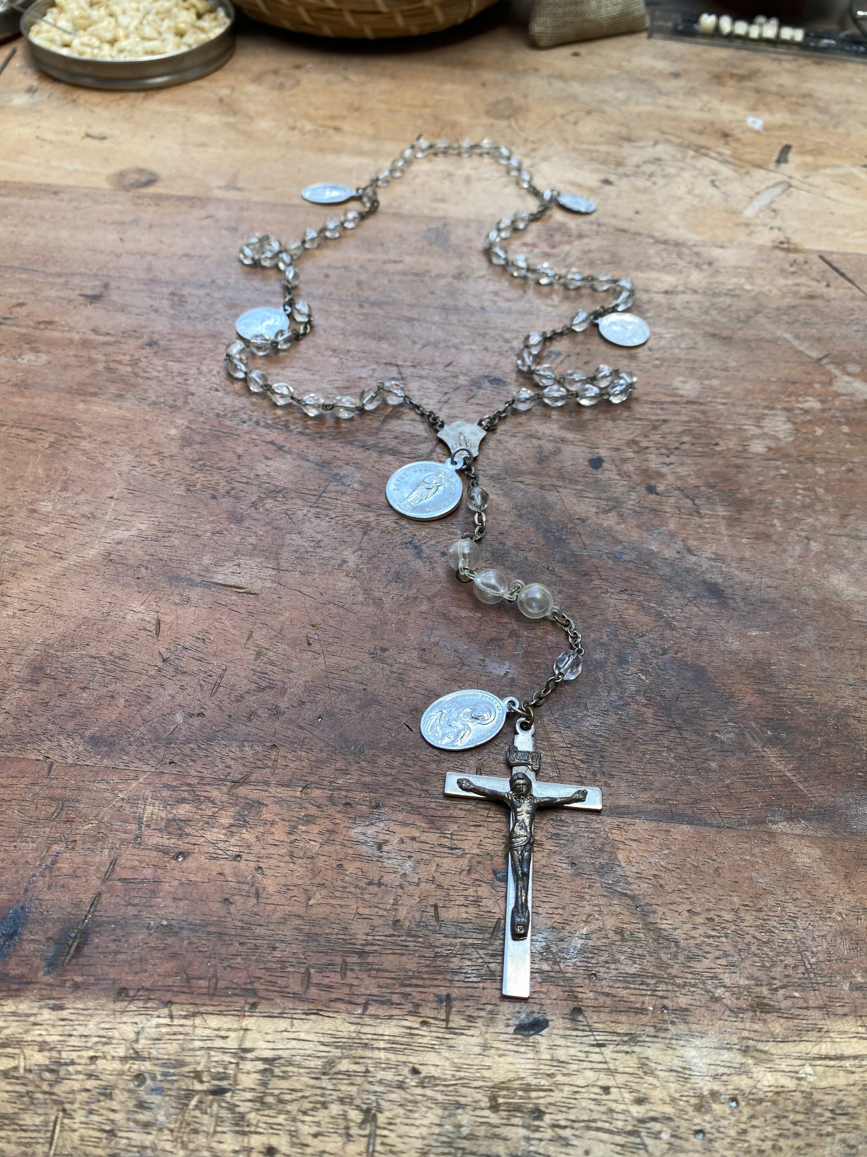 Clear Bead Rosary with Saints Charms