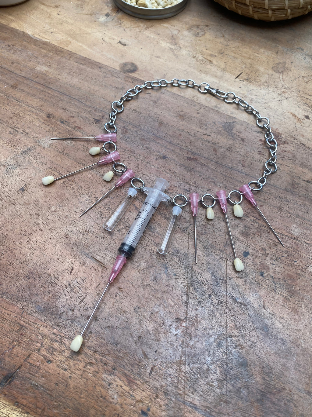 Syringe, Needles, Teeth and Glass Vials Necklace