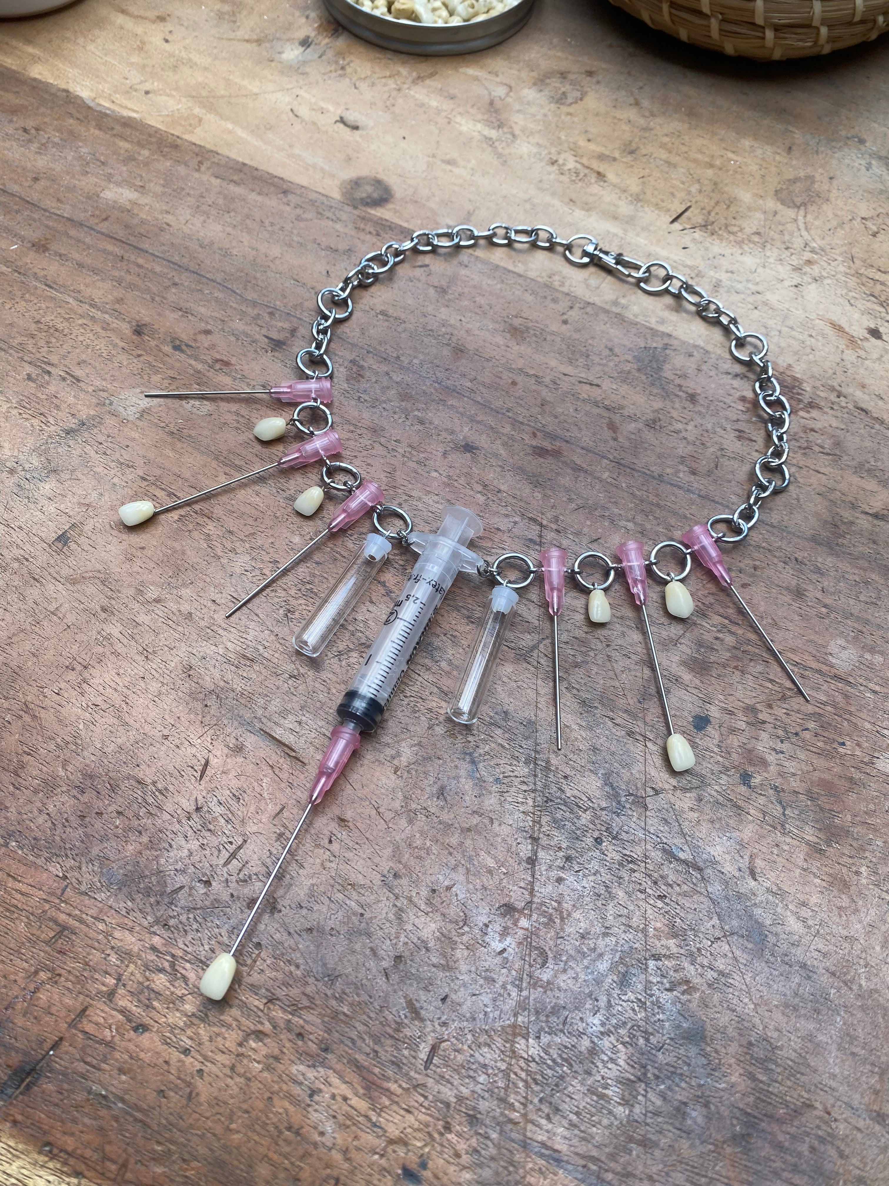 Syringe, Needles, Teeth and Glass Vials Necklace