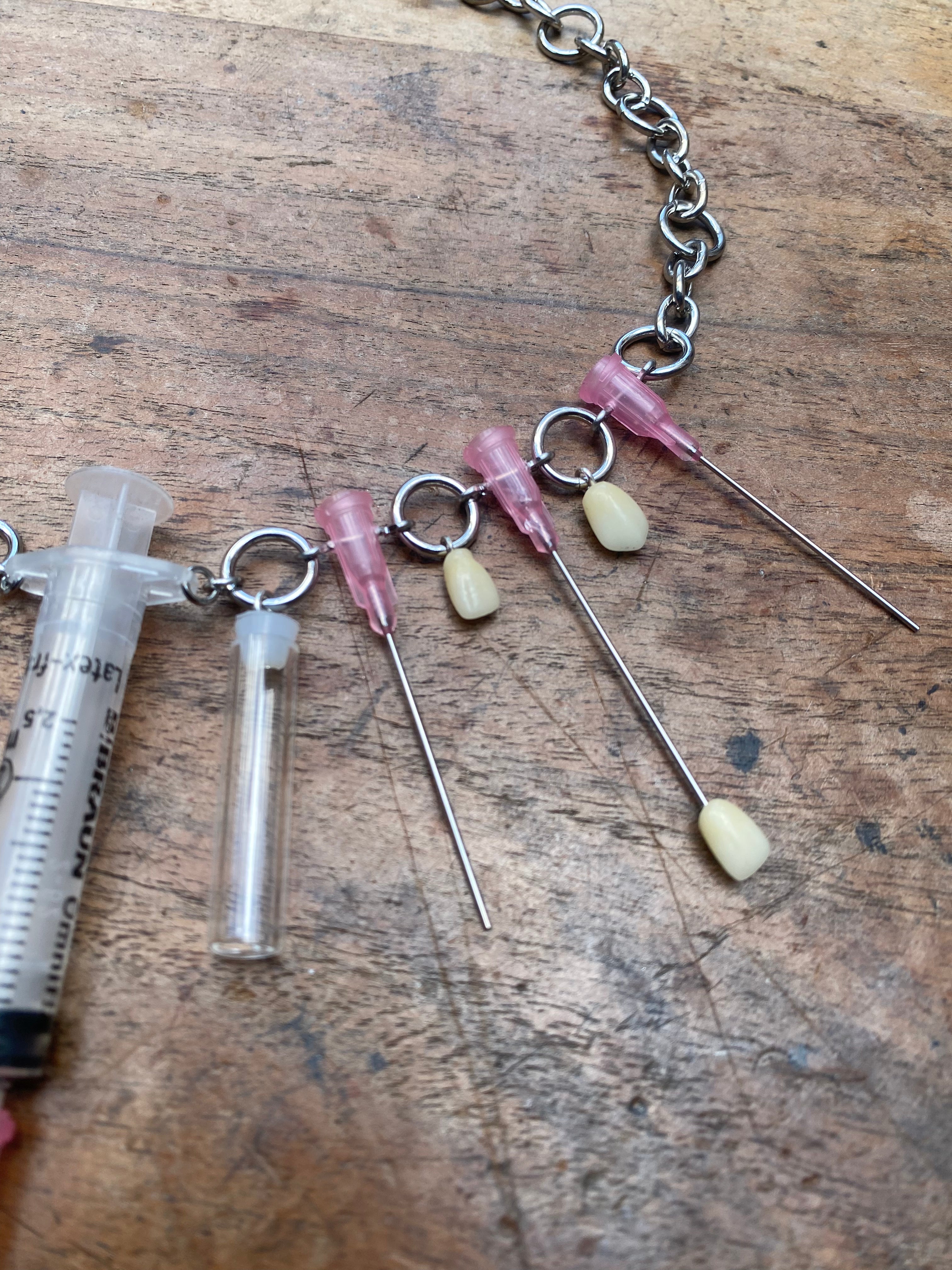 Syringe, Needles, Teeth and Glass Vials Necklace