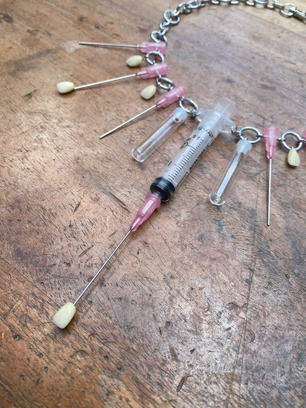 Syringe, Needles, Teeth and Glass Vials Necklace