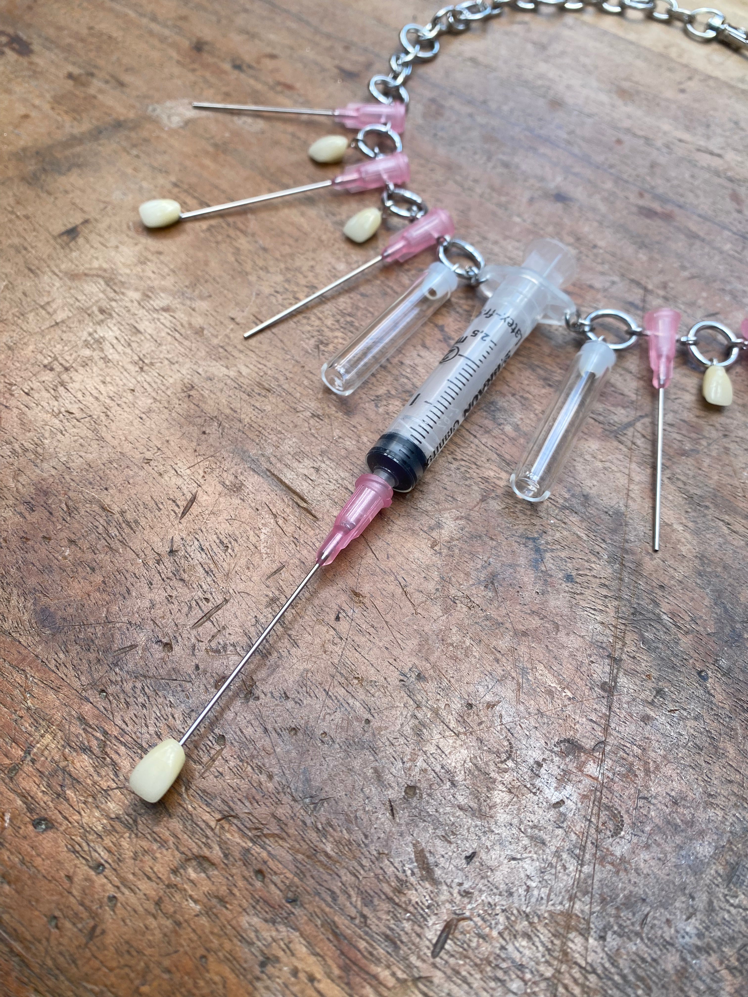 Syringe, Needles, Teeth and Glass Vials Necklace