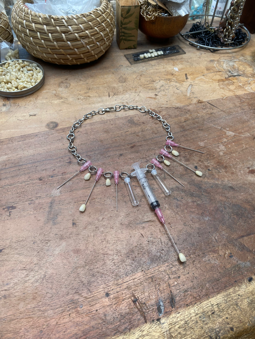 Syringe, Needles, Teeth and Glass Vials Necklace