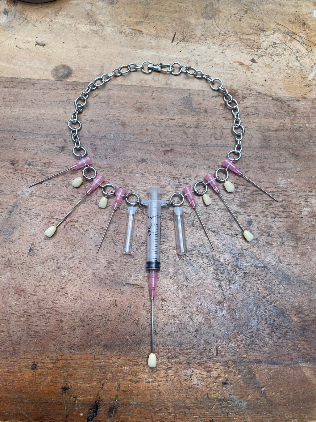 Syringe, Needles, Teeth and Glass Vials Necklace