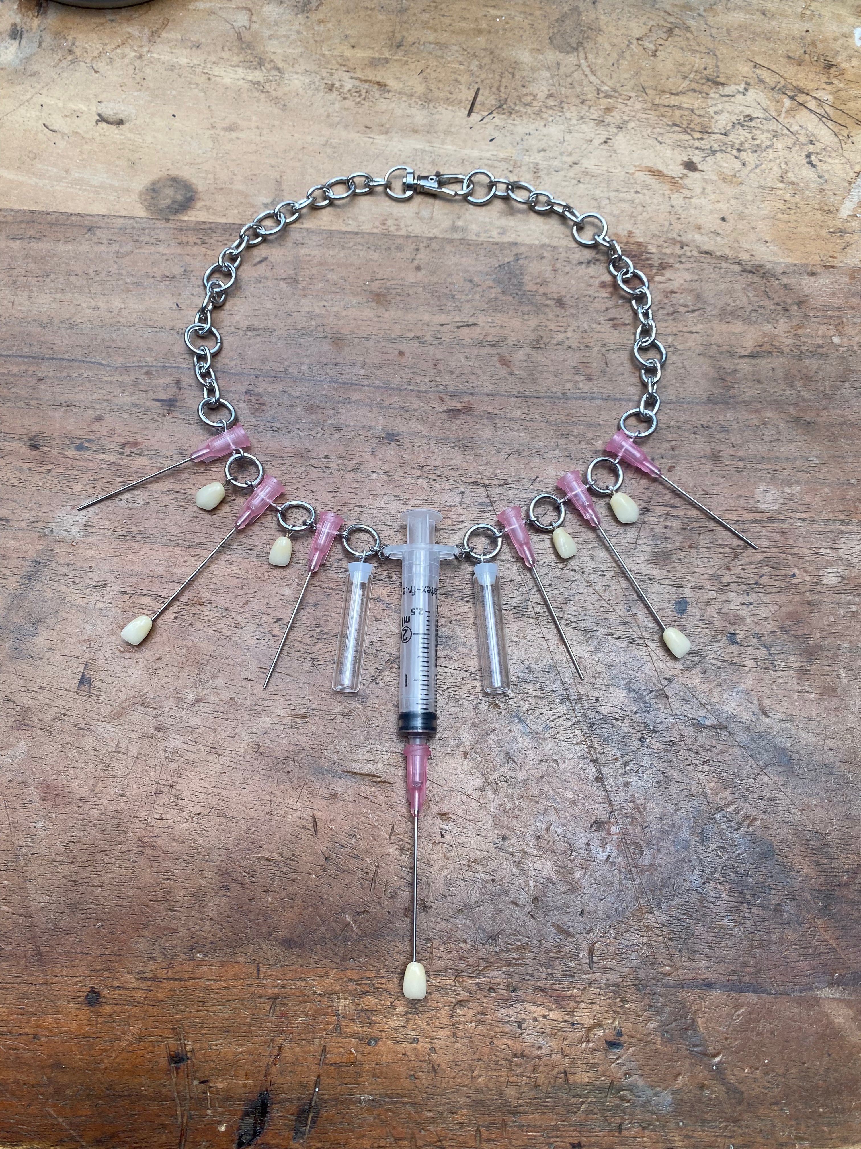 Syringe, Needles, Teeth and Glass Vials Necklace
