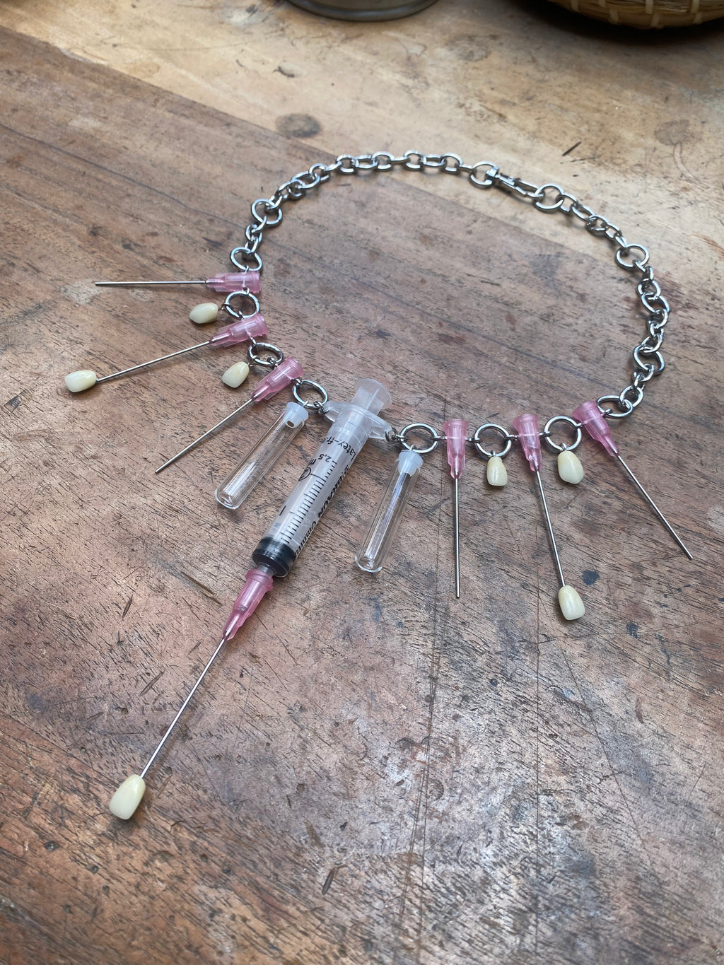 Syringe, Needles, Teeth and Glass Vials Necklace