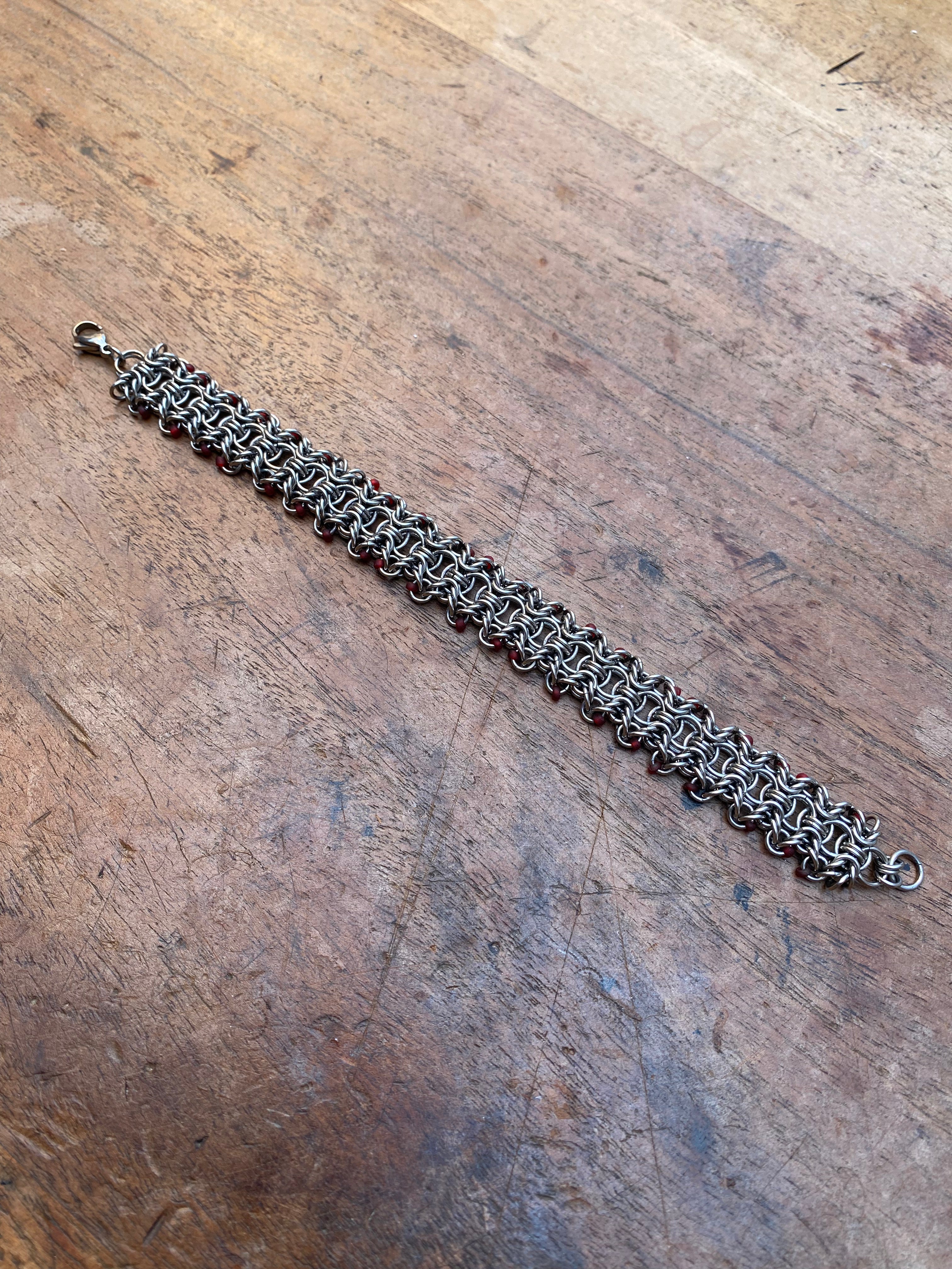 Stainless Steel Chainmail Bracelet with Crimson Beads