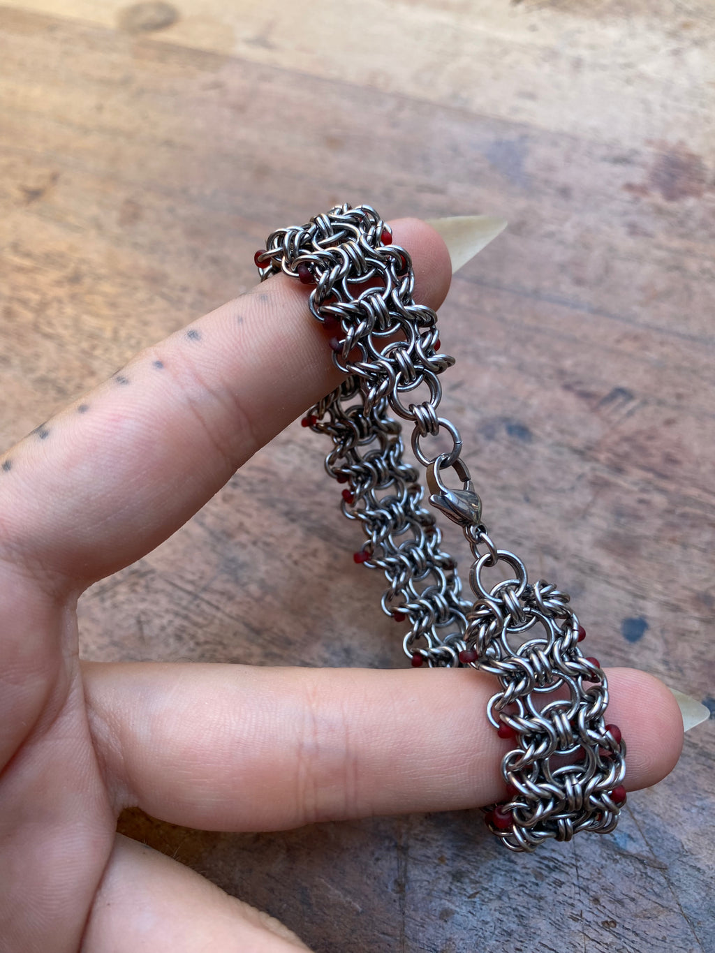 Stainless Steel Chainmail Bracelet with Crimson Beads