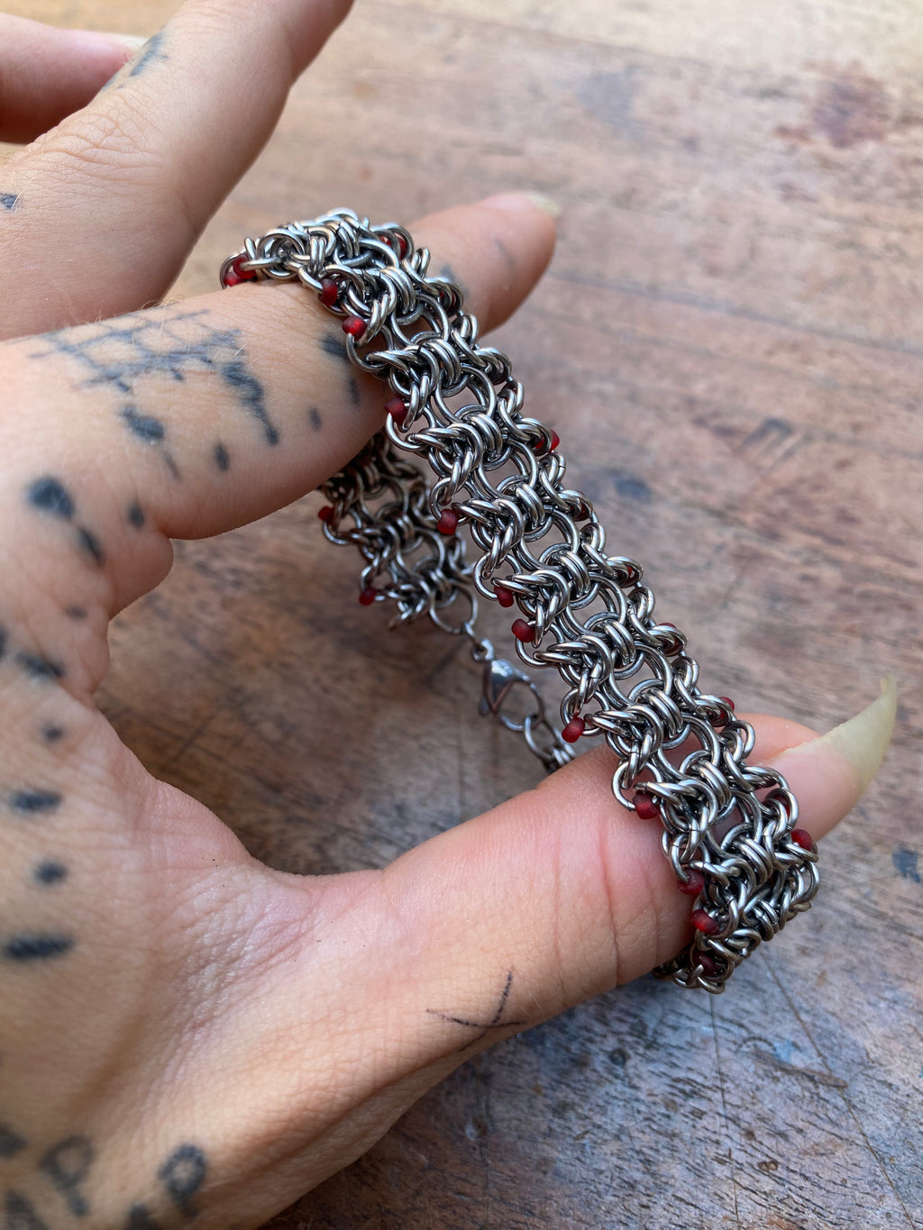Stainless Steel Chainmail Bracelet with Crimson Beads