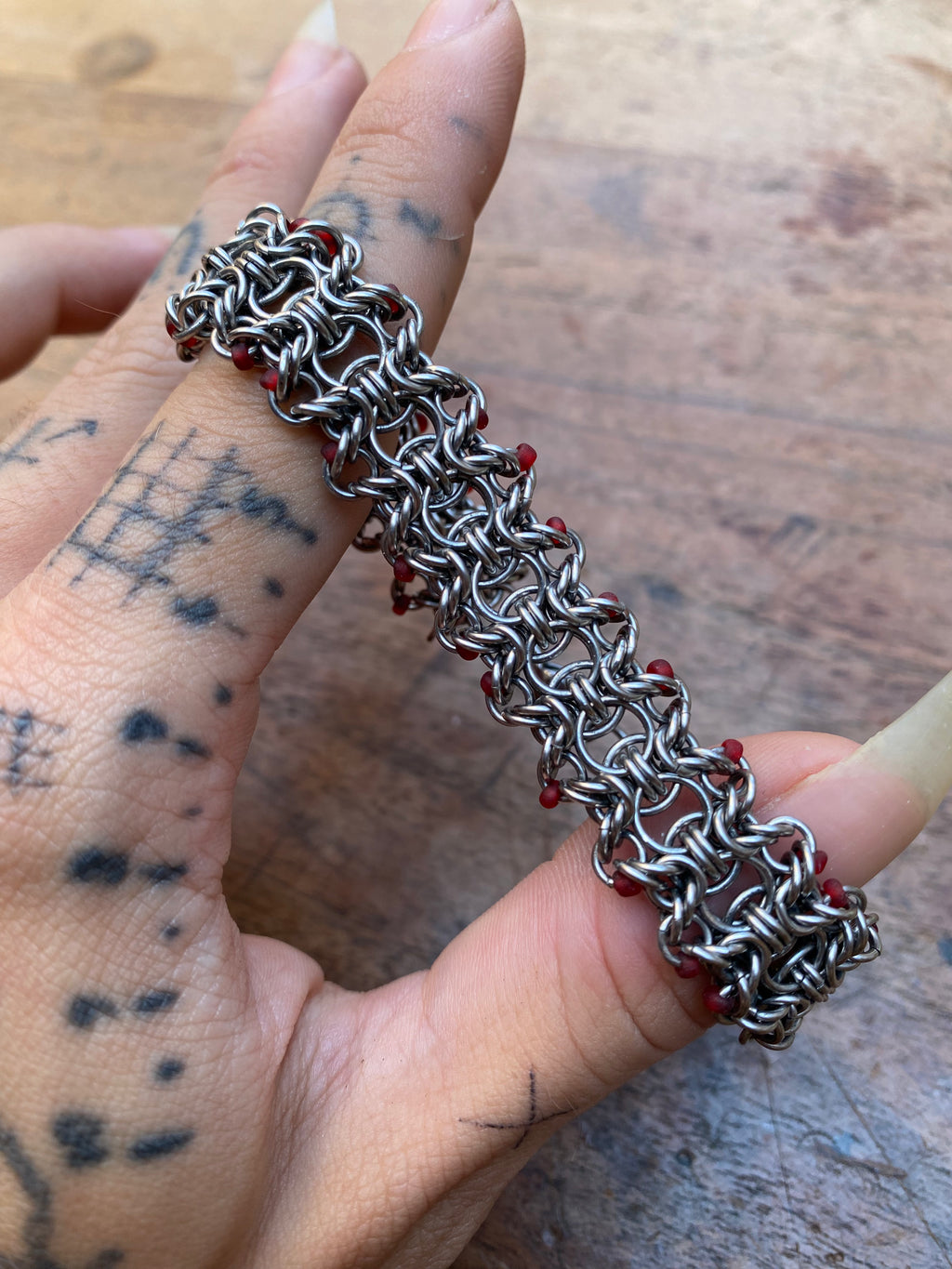 Stainless Steel Chainmail Bracelet with Crimson Beads