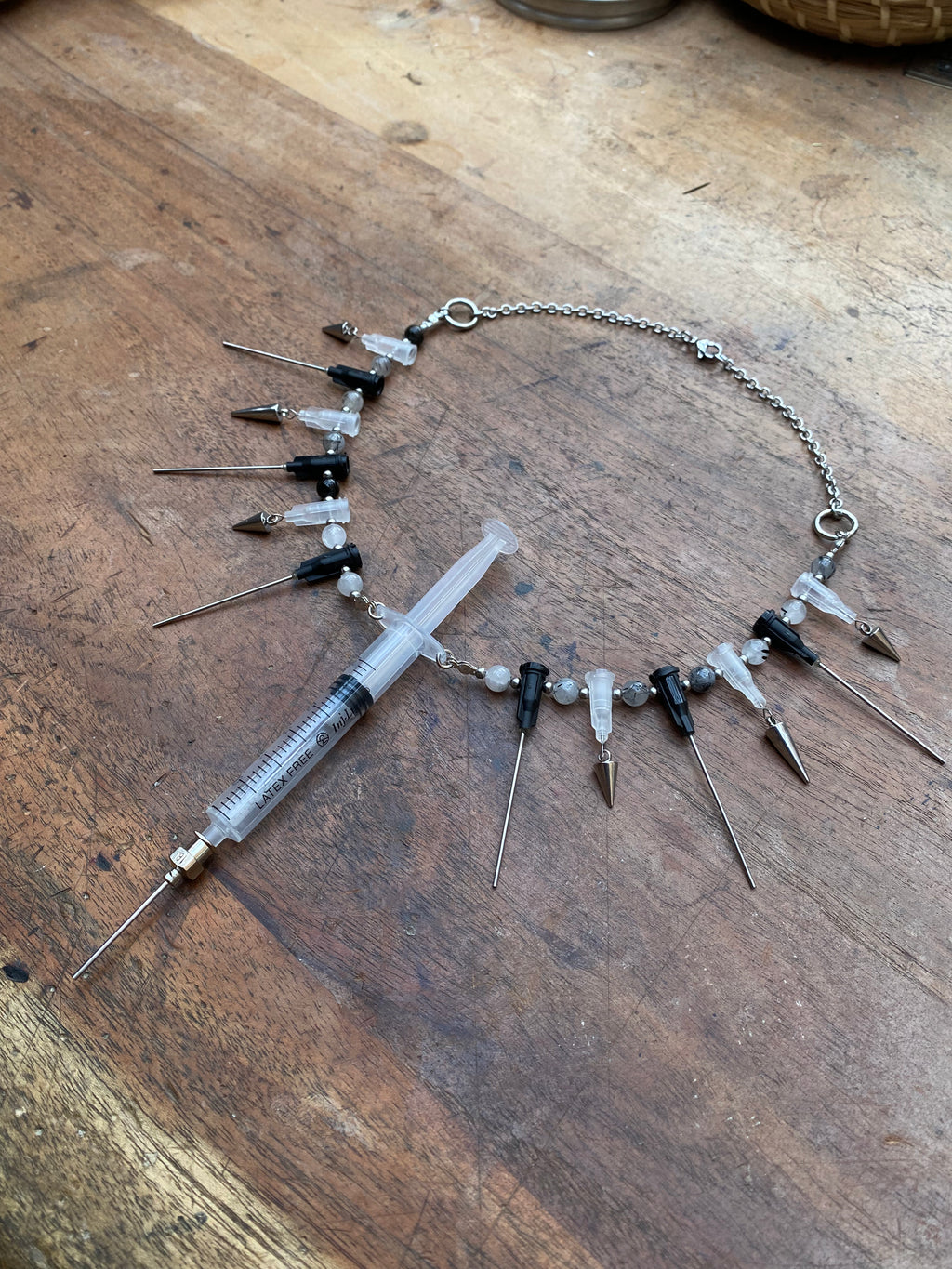 Syringe with Secret Glass Vial and Needles Necklace