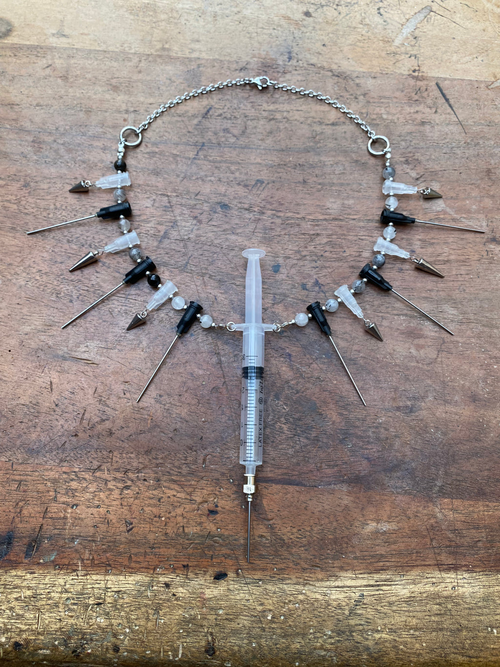Syringe with Secret Glass Vial and Needles Necklace