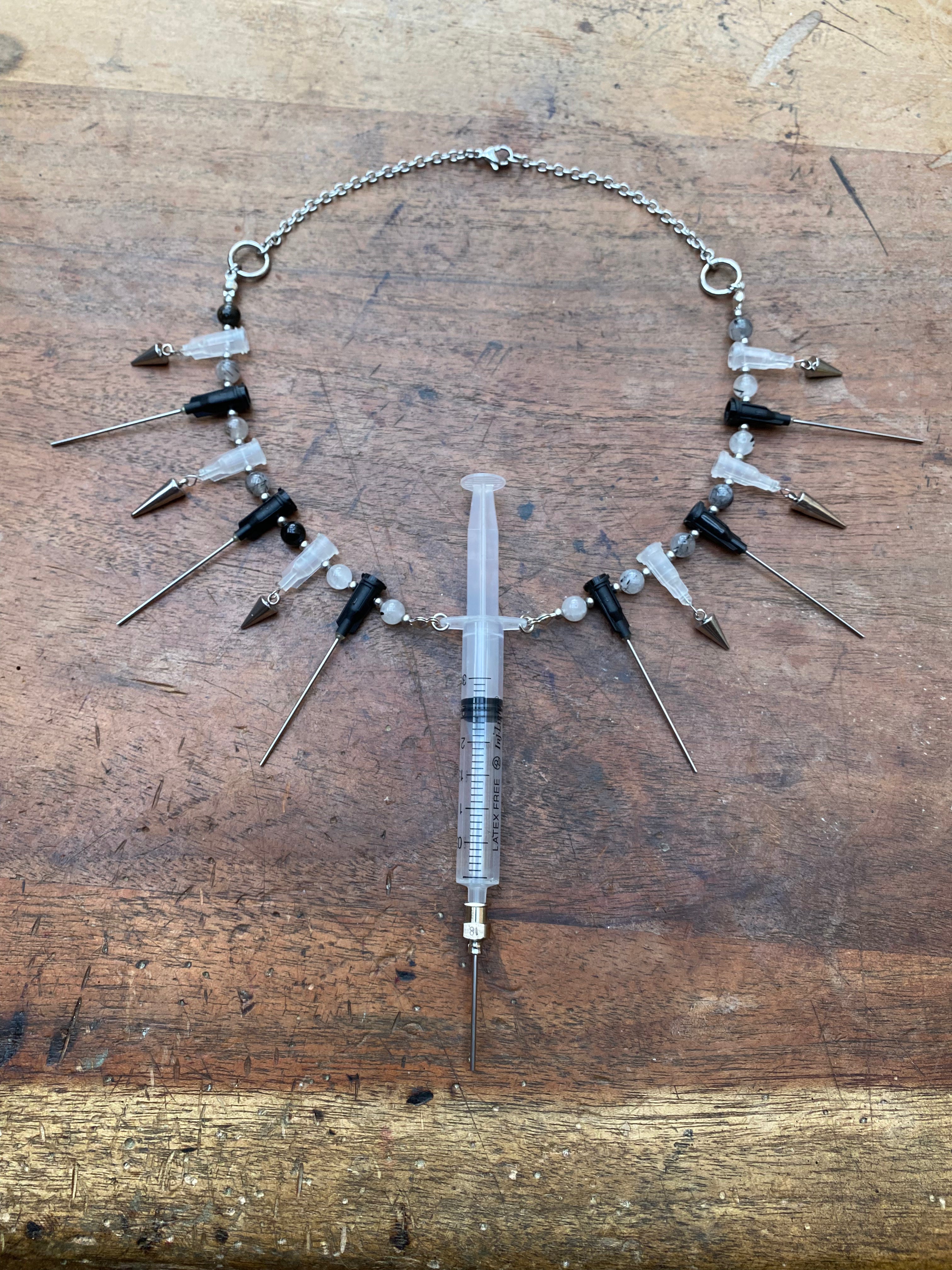 Syringe with Secret Glass Vial and Needles Necklace