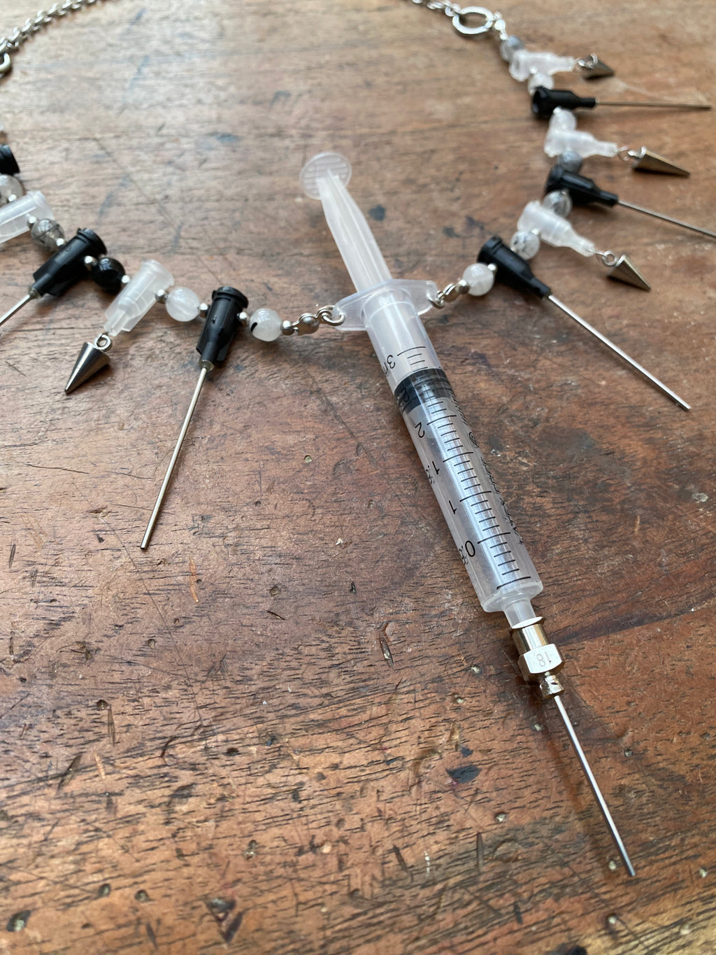 Syringe with Secret Glass Vial and Needles Necklace