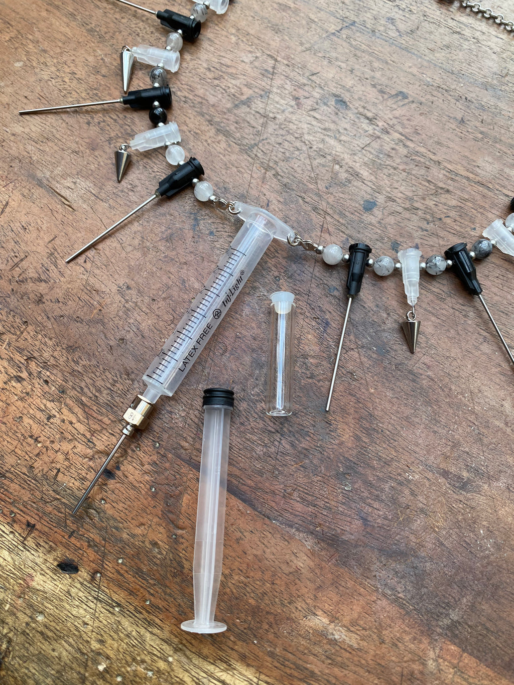 Syringe with Secret Glass Vial and Needles Necklace