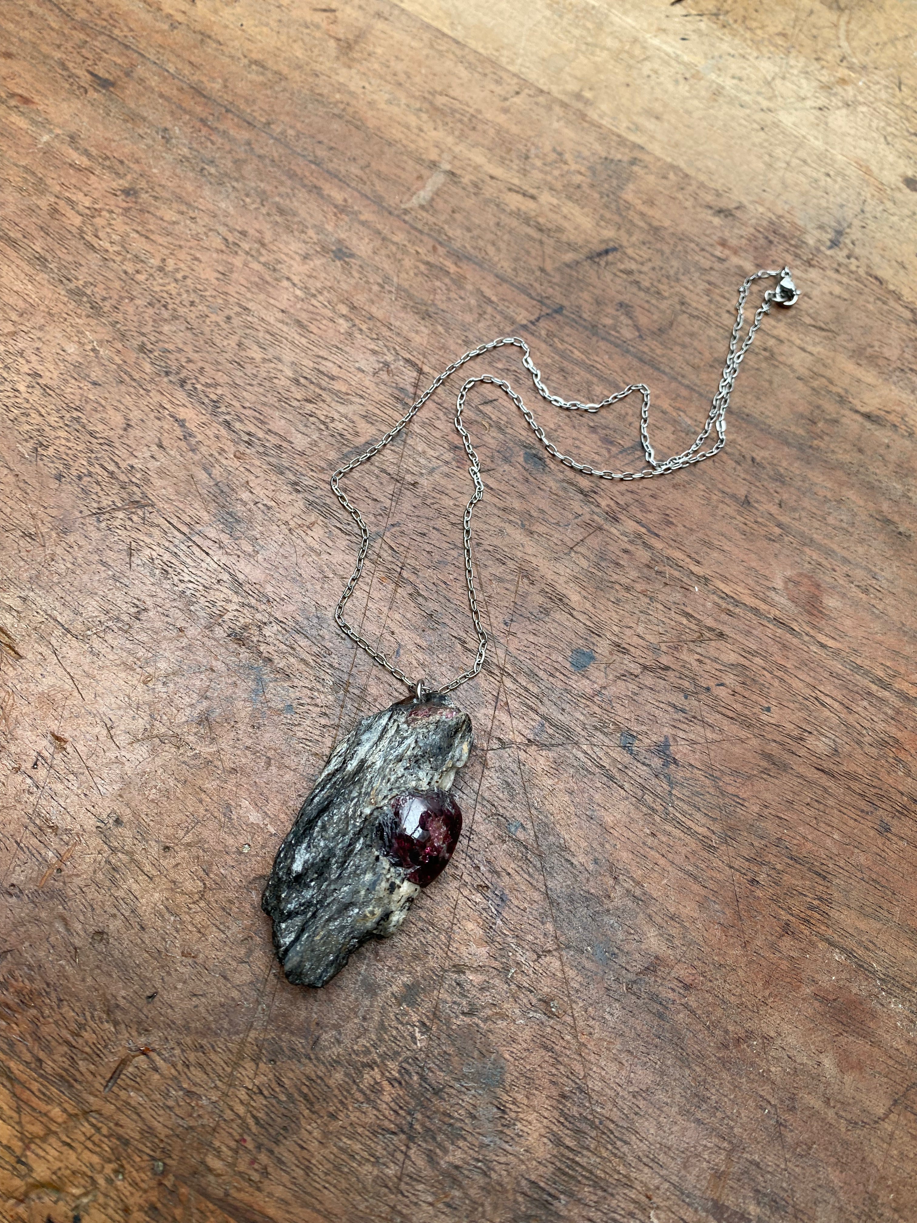 Raw Garnet Crystal in Biotite Stone Pendant