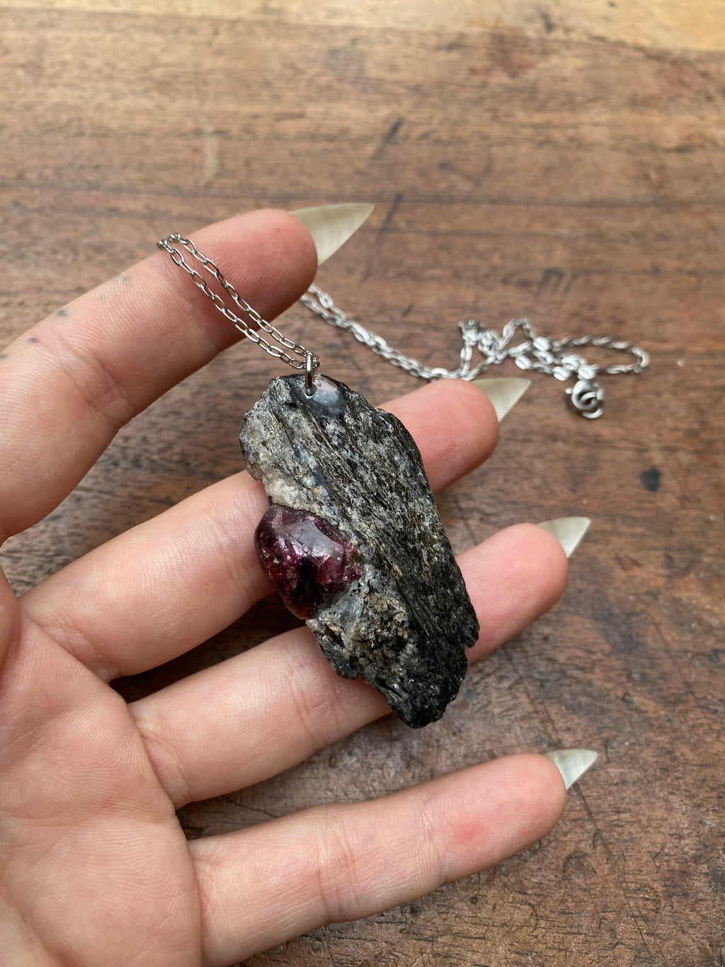 Raw Garnet Crystal in Biotite Stone Pendant