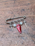 Red Coffin and Swords Safety Pin Brooch