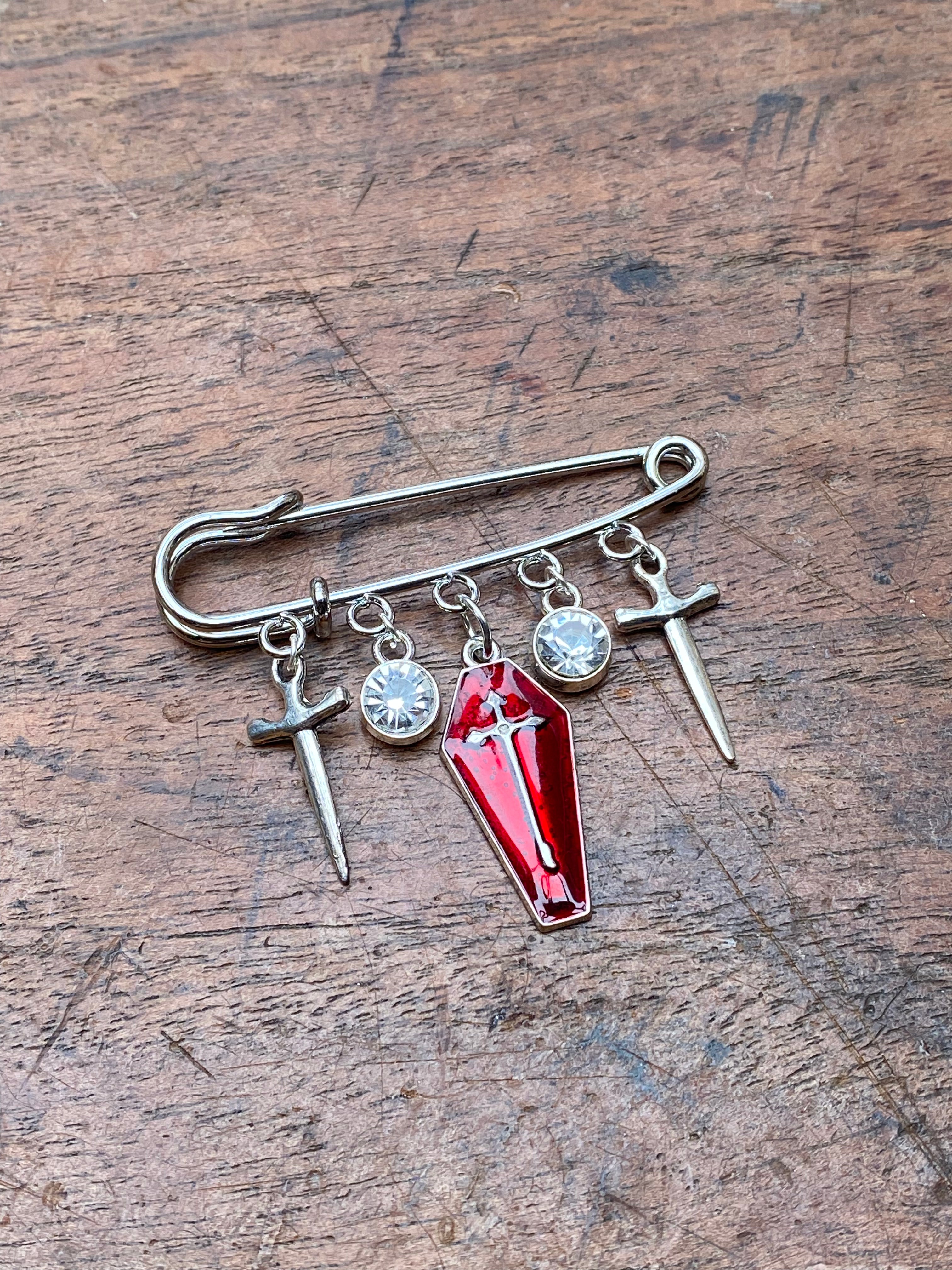 Red Coffin and Swords Safety Pin Brooch