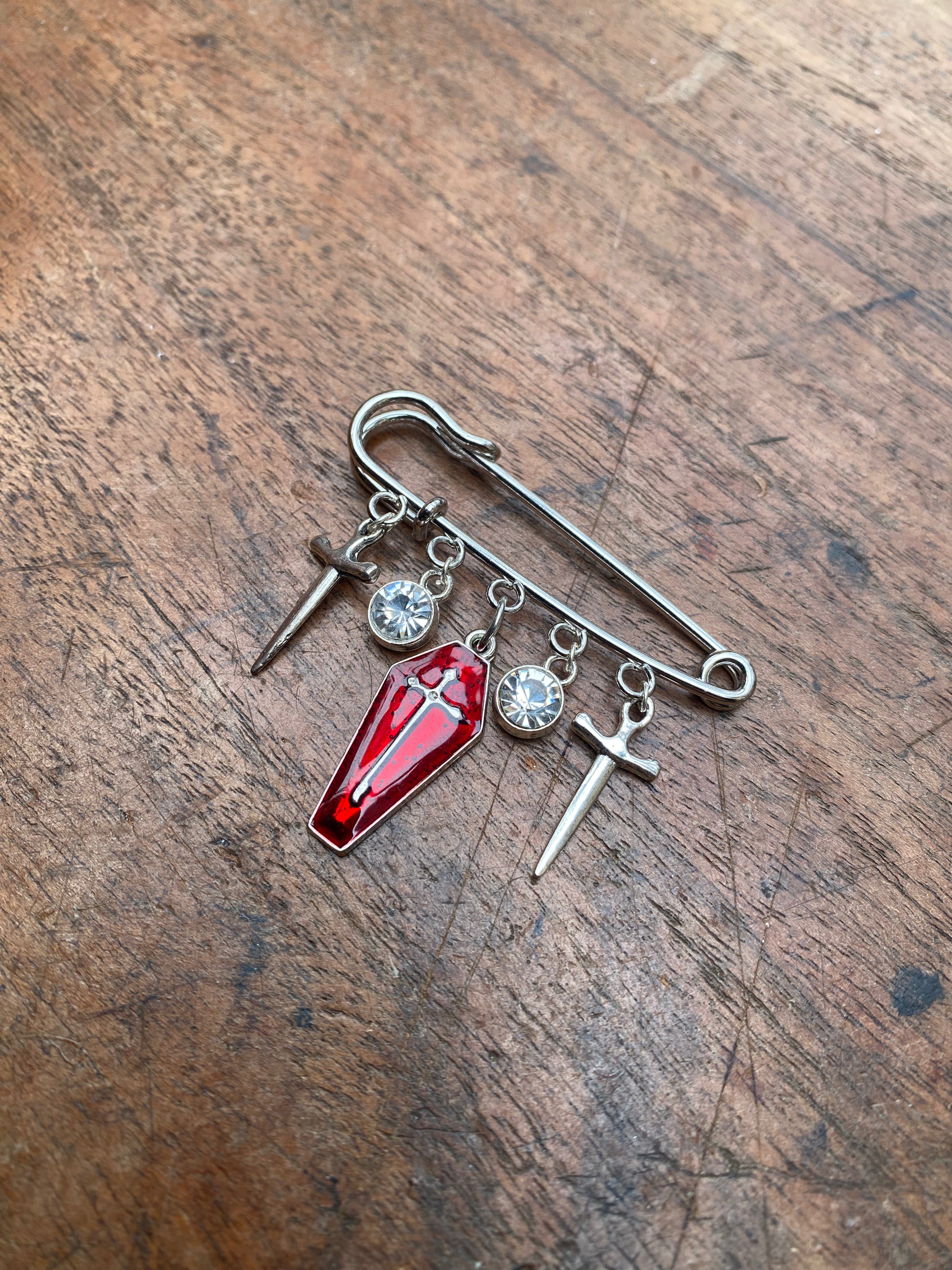 Red Coffin and Swords Safety Pin Brooch